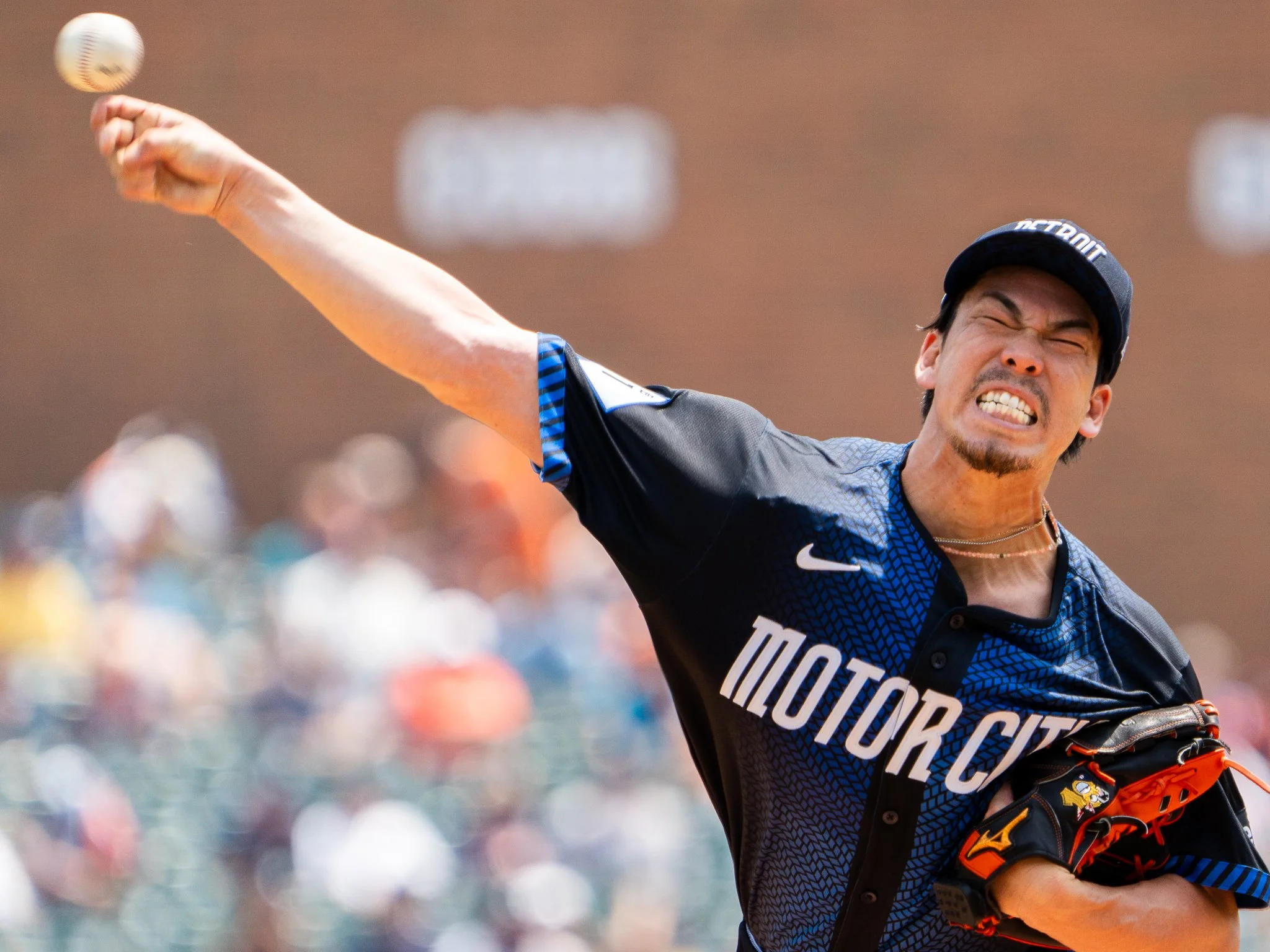 Detroit Tigers starting pitcher Kenta Maeda delivers a pitch against the Chicago White Sox in the first inning of a baseball game, Saturday, June 22, 2024, at Comerica Park in Detroit. Maeda pitched 4 2/3 innings, allowing three runs in the Tigers' 5