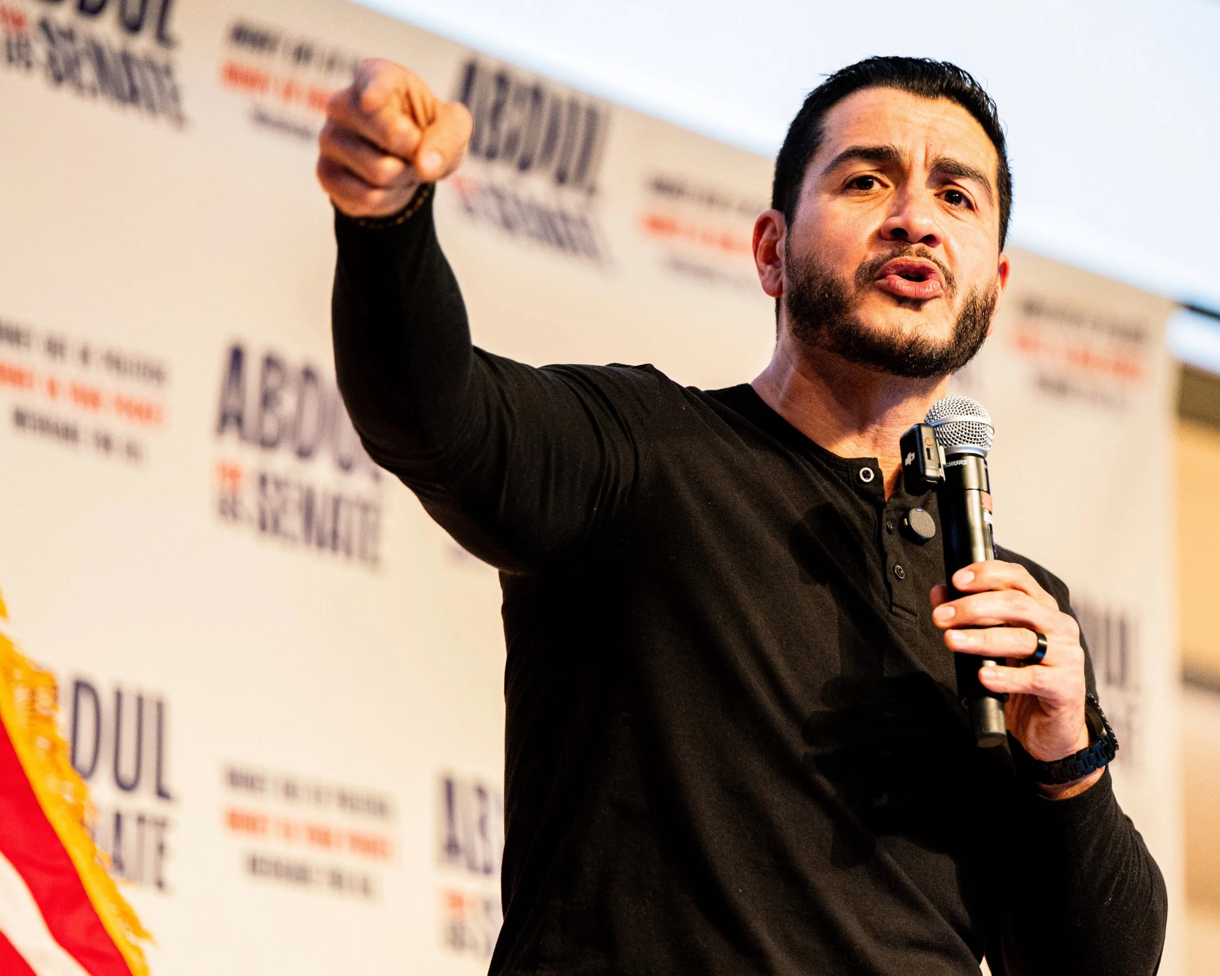 U.S. Senate candidate Abdul El-Sayed delivers remarks to a capacity crowd during a campaign rally at the University of Michigan in Ann Arbor, Mich., Tuesday, April 7, 2026.