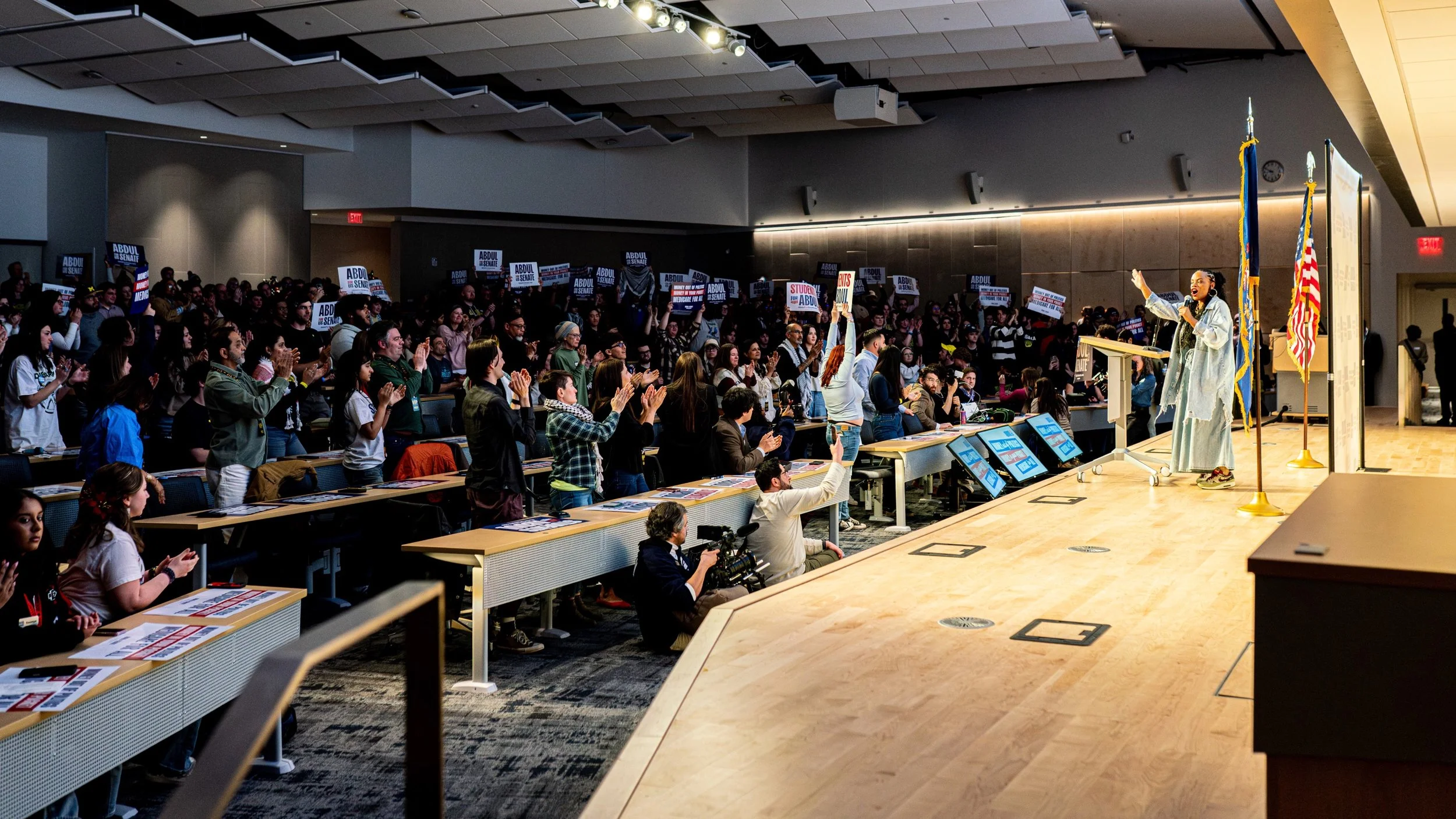 U.S. Rep. Summer Lee addresses a standing-room-only crowd during a campaign rally for U.S. Senate candidate Abdul El-Sayed at the University of Michigan in Ann Arbor, Mich., Tuesday, April 7, 2026. The Pennsylvania congresswoman traveled to Michigan 