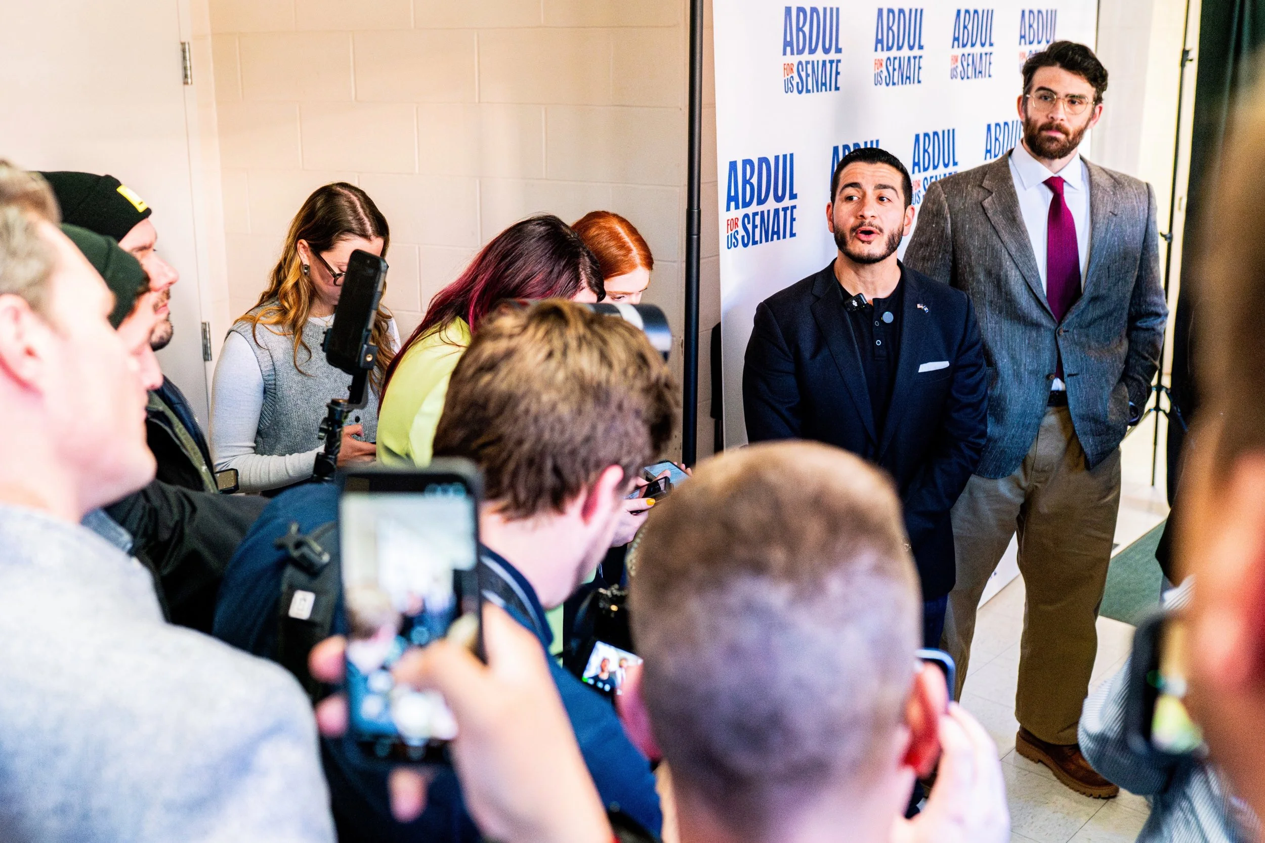 U.S. Senate candidate Abdul El-Sayed, left, and political commentator Hasan Piker answer questions from reporters following a campaign rally at Anthony Hall on the campus of Michigan State University, Tuesday, April 7, 2026. The press conference addr