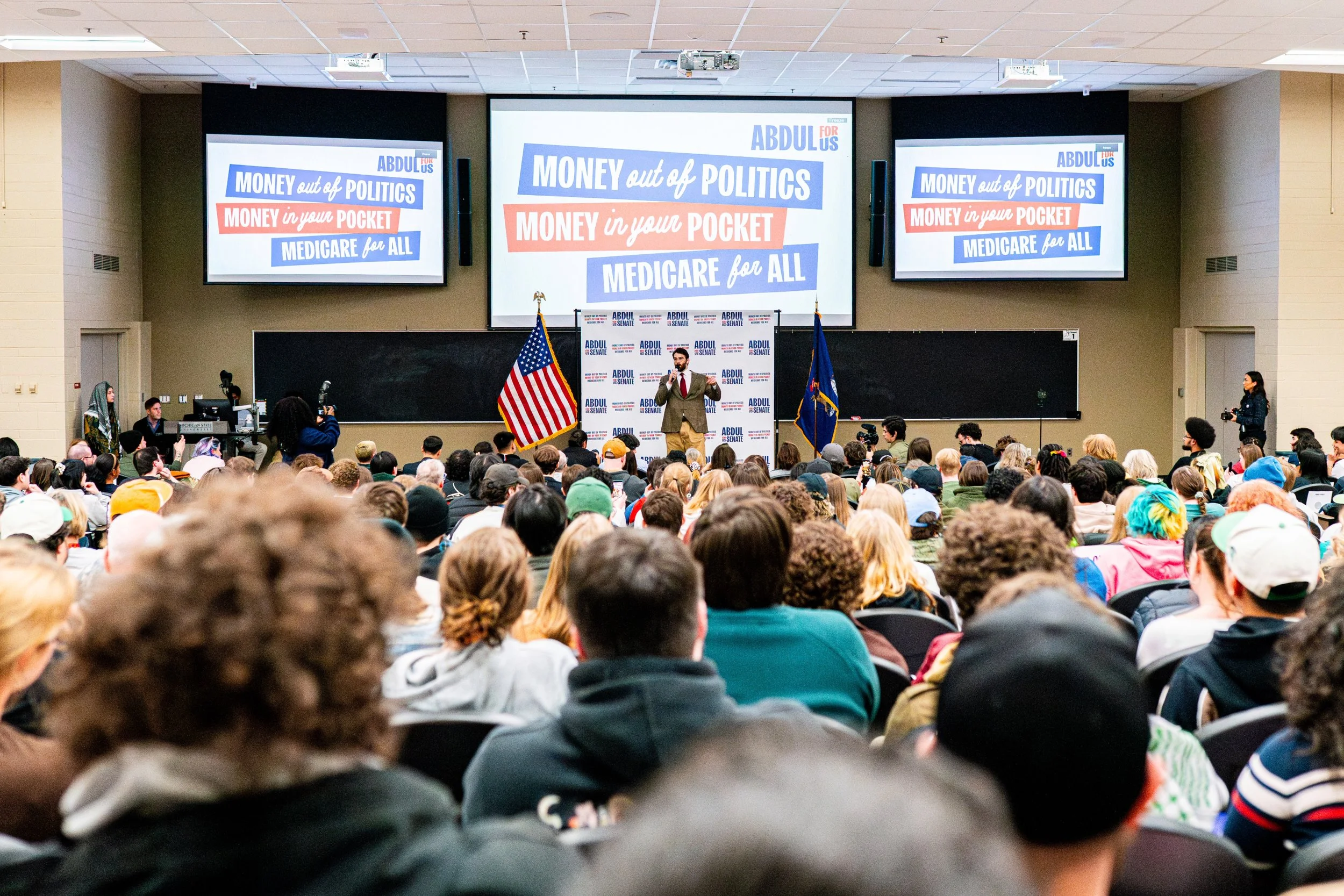 Political commentator Hasan Piker addresses a capacity crowd at Anthony Hall on the campus of Michigan State University in East Lansing, Mich., Tuesday, April 7, 2026. Piker joined U.S. Senate candidate Abdul El-Sayed for a "Get Out the Vote" rally a