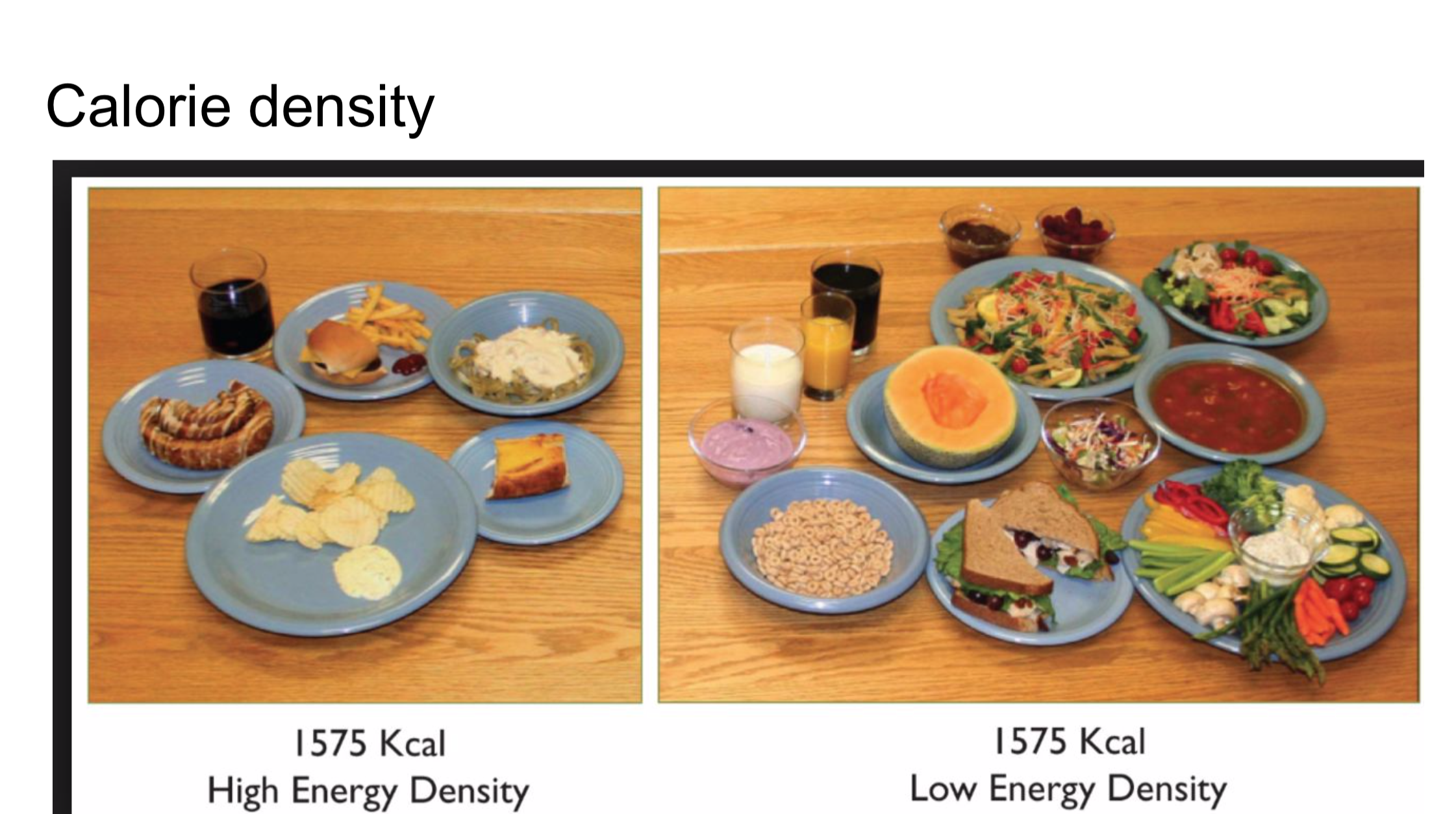 As you can see here, the caloric density choices can drastically change to amount of food that can be eaten in one day for the same amount of calories.