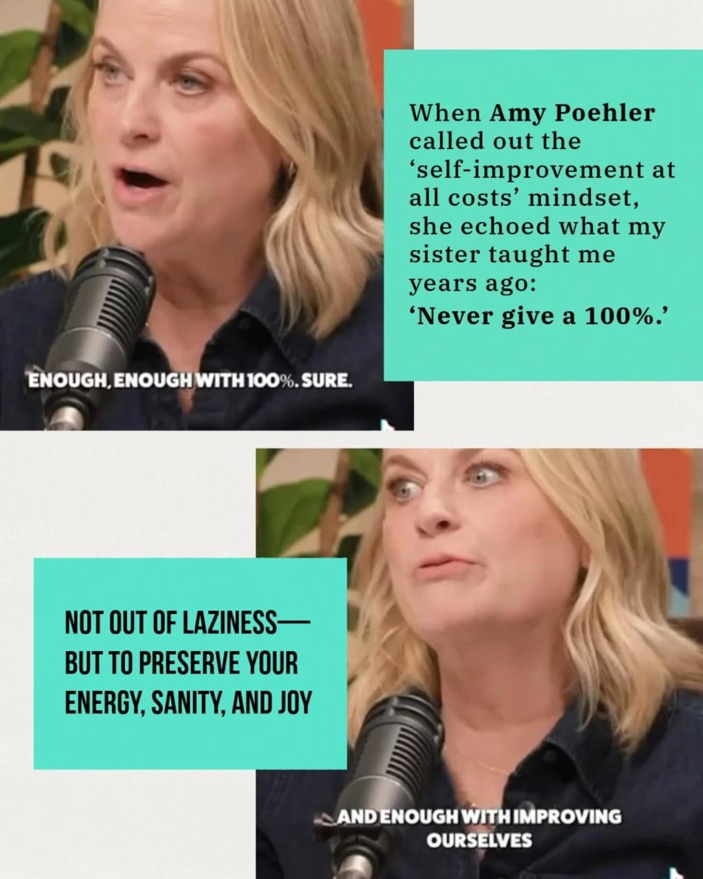 🔥 &quot;Amy Poehler just said what my sister told me years ago: &lsquo;Enough with the 100%.&rsquo;

We&rsquo;re drowning in hustle culture lies:
❌ &lsquo;Give 110%!&rsquo;
❌ &lsquo;Sleep when you&rsquo;re dead!&rsquo;
❌ &lsquo;Burnout is a badge of