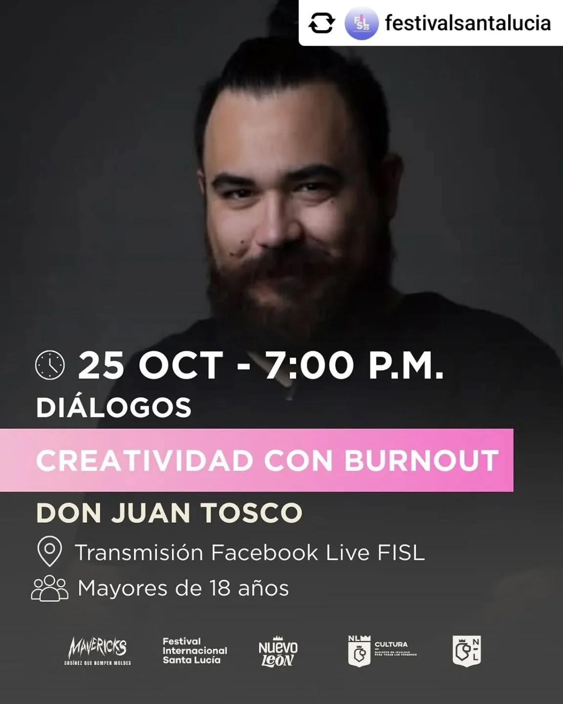 Get @reshare_app &bull; @festivalsantalucia 🧠💬 Cuando la mente se siente agotada y el cuerpo sin energ&iacute;a, &iquest;qu&eacute; lugar queda para la creatividad? @donjuantosco abre un espacio de di&aacute;logo sincero, divertido y profundamente 
