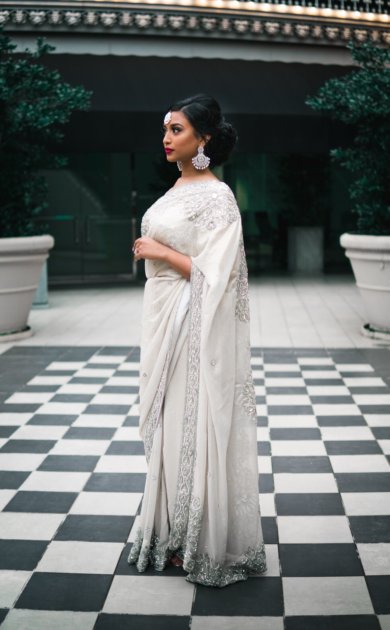  white saree, makeup, hair, saree draping, engagement, Indian engagement 
