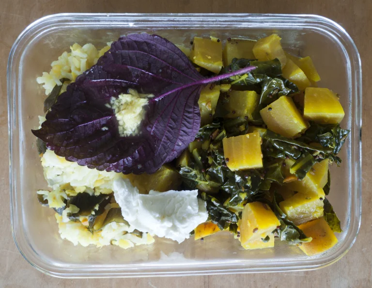 One of the author’s ayurvedic bentos with the ginger appetizer on a leaf of shiso