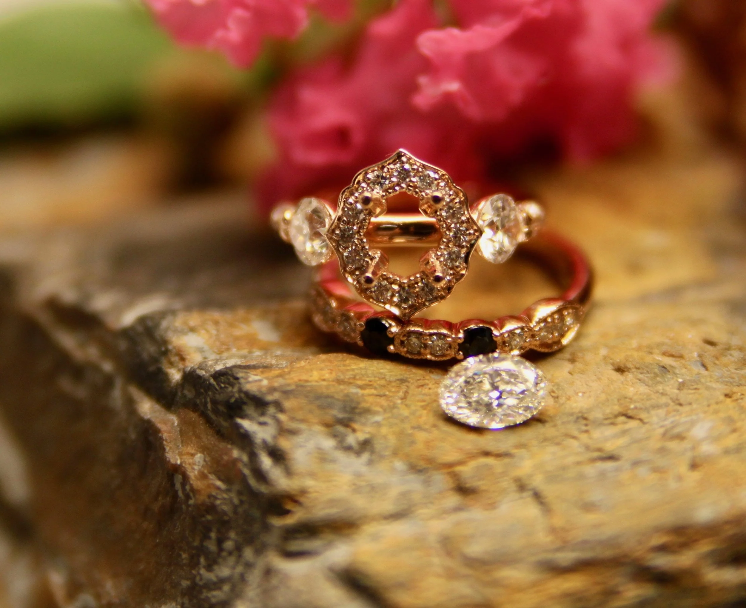 Custom Diamond and Emerald Wedding Set with an Un-Set Center Stone