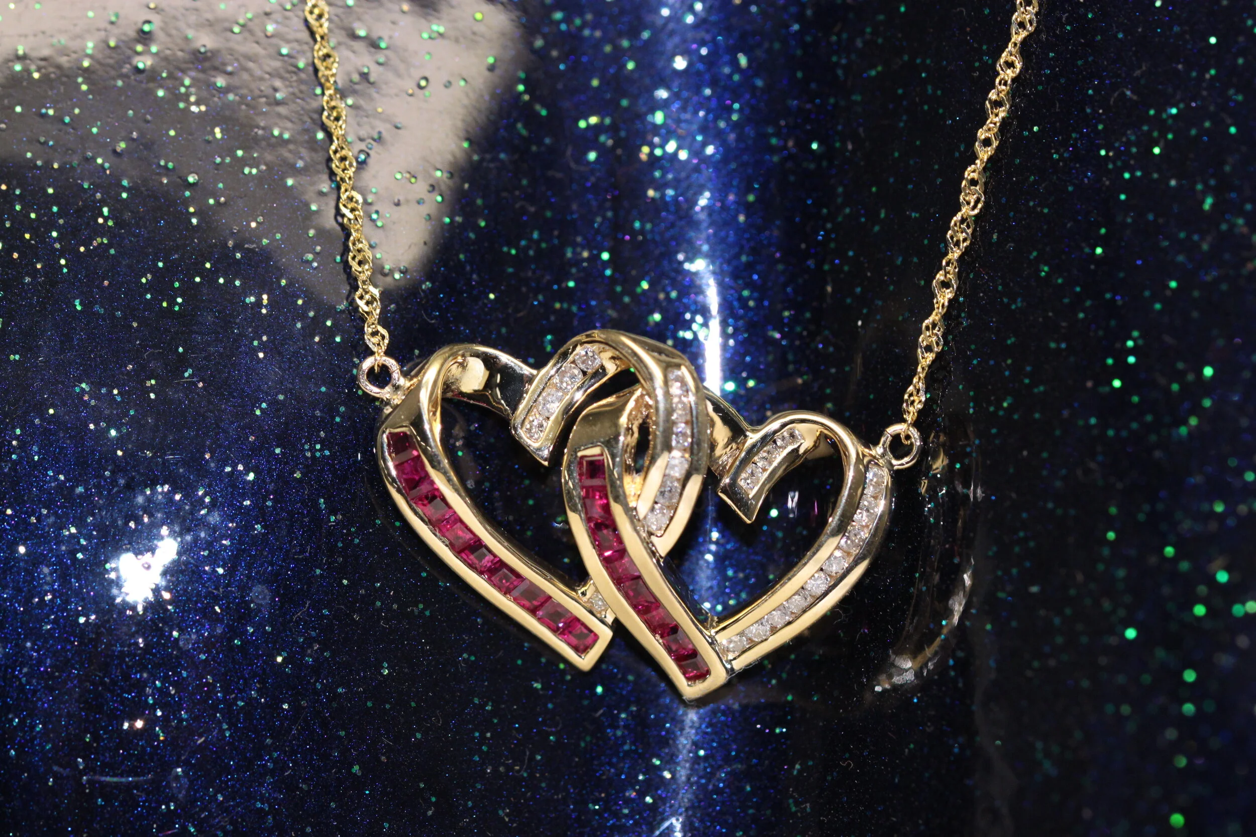Custom Garnet and Diamond Interlocking Heart Necklace