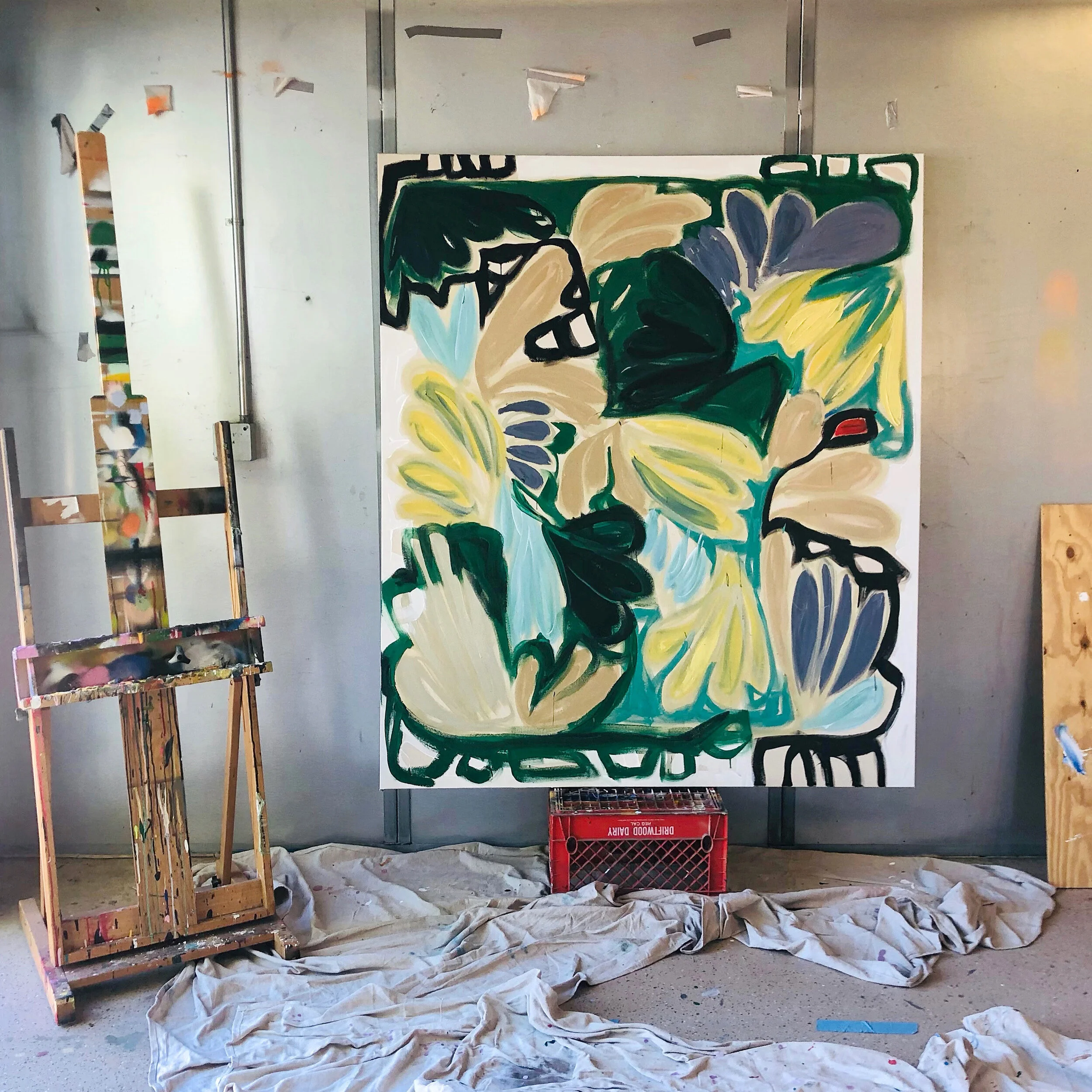 "nouveau" spray paint and acrylic on raw cotton canvas