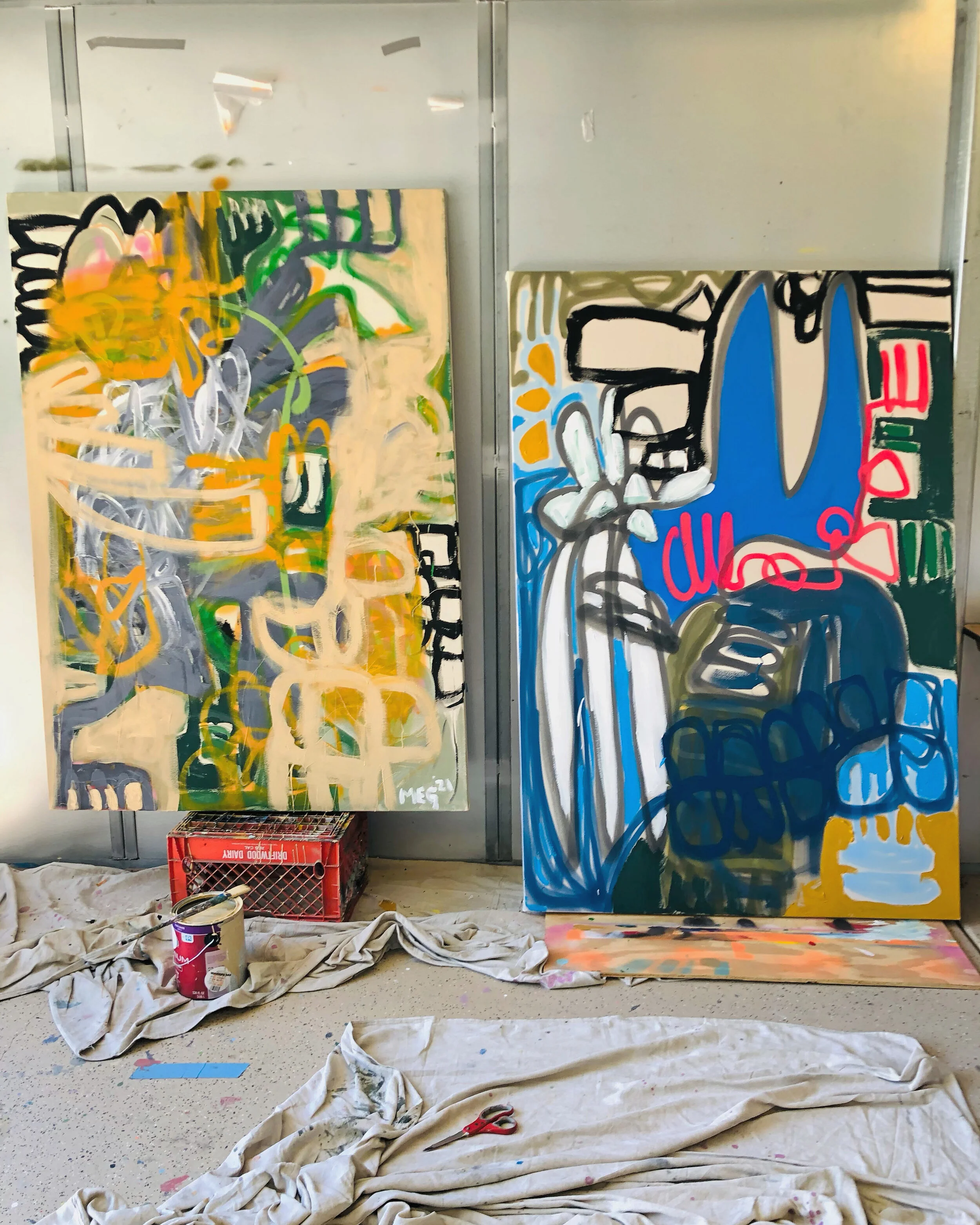 Untitled Yellow 46x66 #1 (Left), spray paint and acrylic on raw cotton canvas