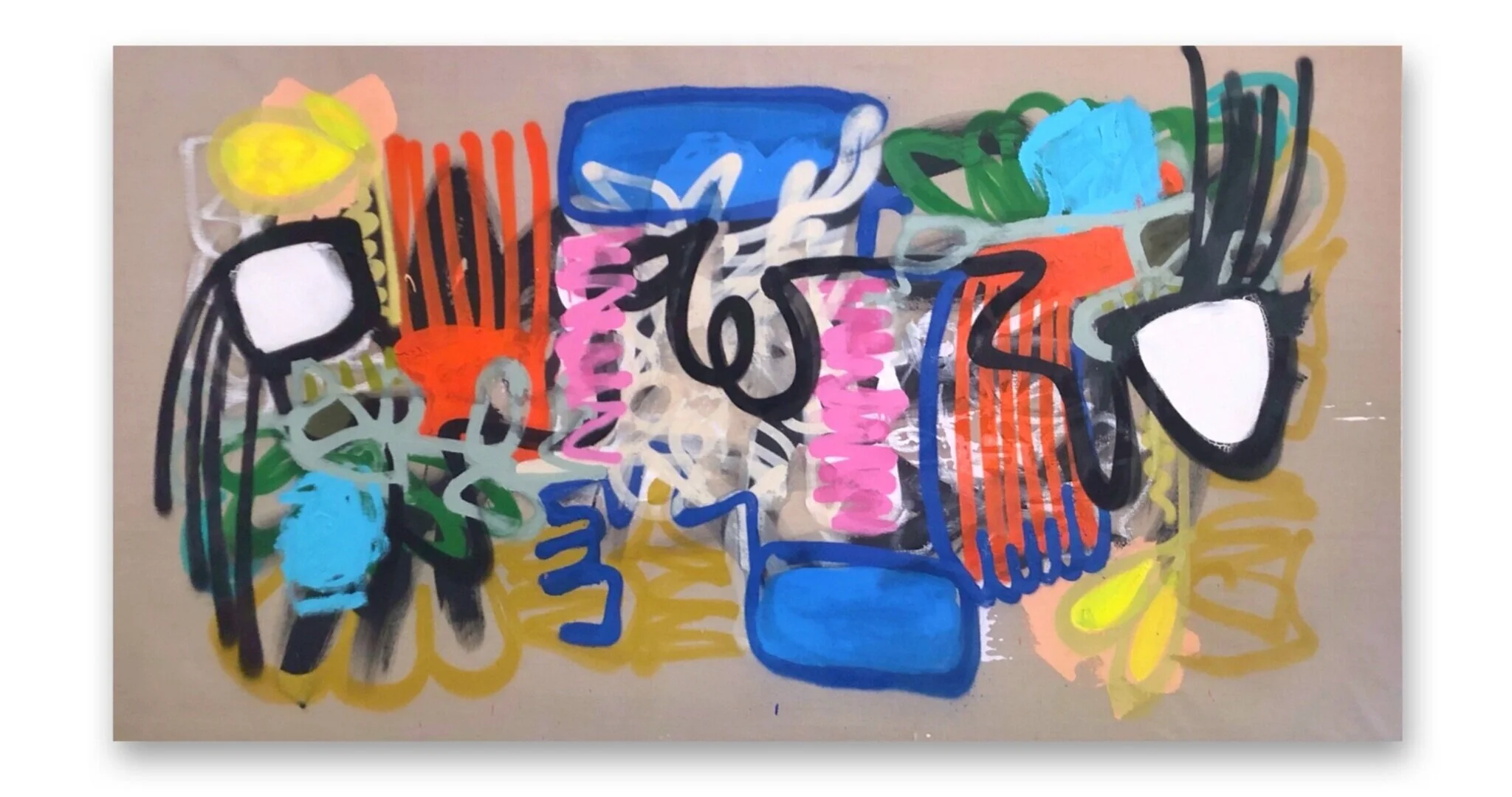 Blink, spray paint and acrylic and ink on raw linen 38x69"