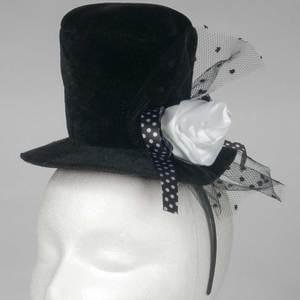 Adult Mini Top Hat Headband Black With Rose Accent