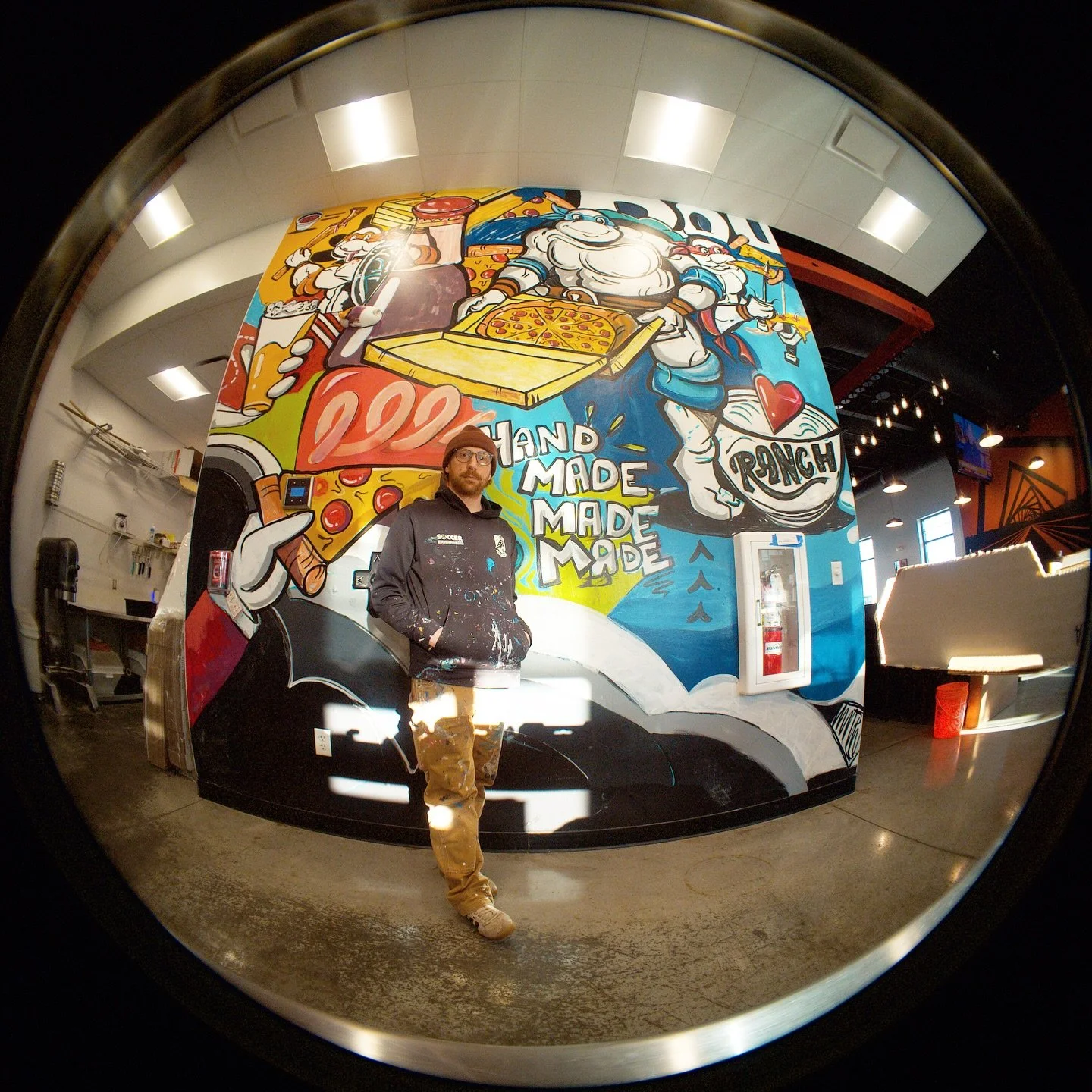  tasked with creating a pop-culture inspired, nostalgic mural for dough co pizza, this piece celebrates the playful energy of classic cartoons and retro imagery. the mural brings bold color and familiar characters into the space, creating a vibrant b