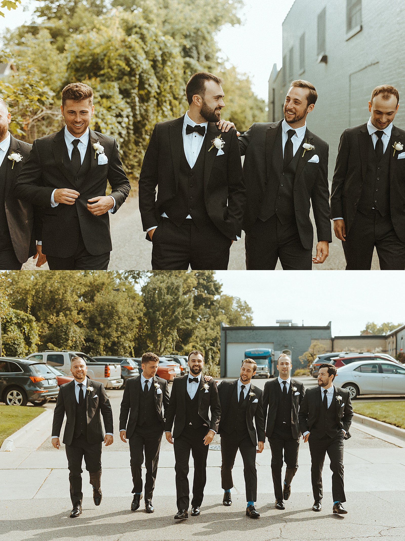  groomsmen walking down the street by Michigan wedding photographer 