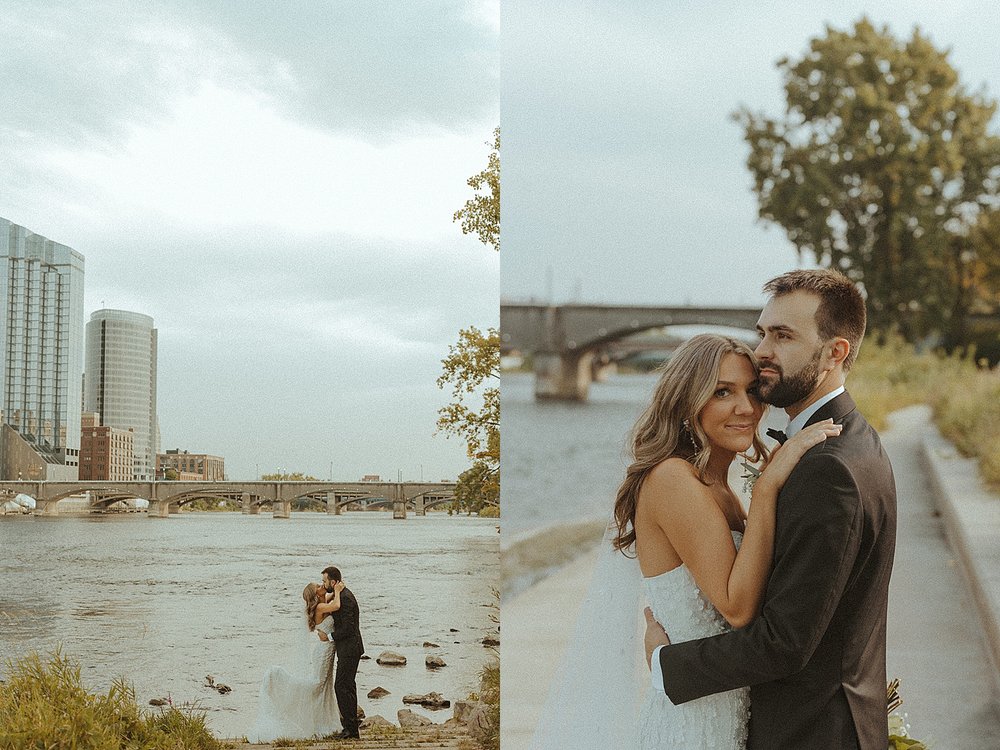  newlyweds by the waterfront by Michigan wedding photographer 