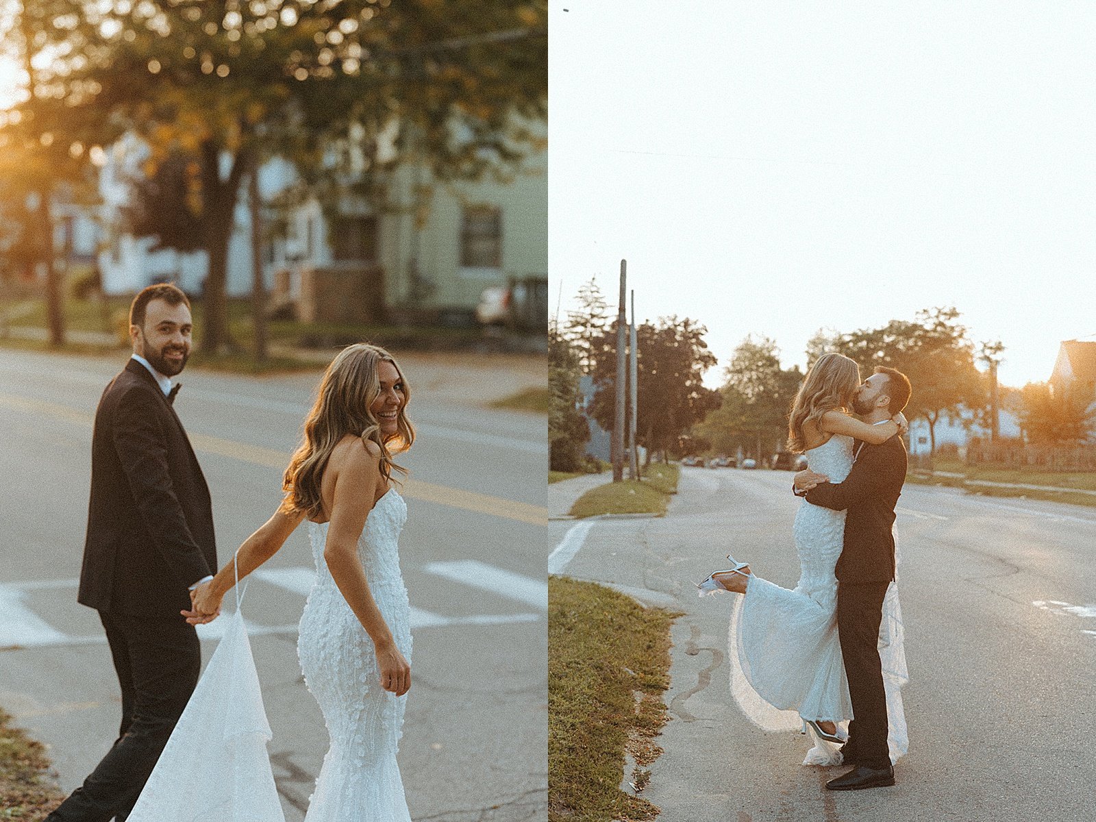  bride and groom walking in neighborhood by Steph Photo Co 