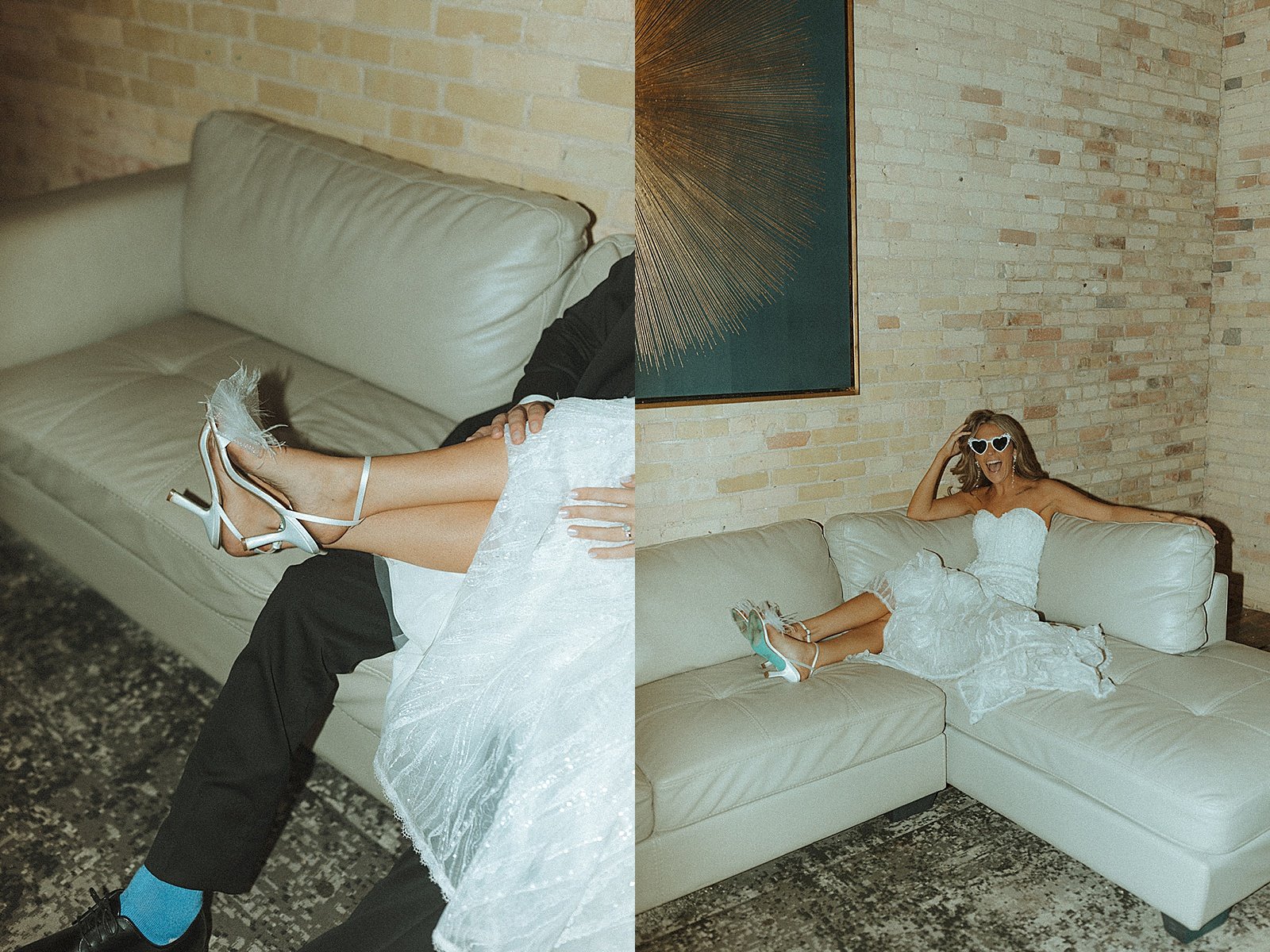  bride sitting on a couch at reception by Michigan wedding photographer 