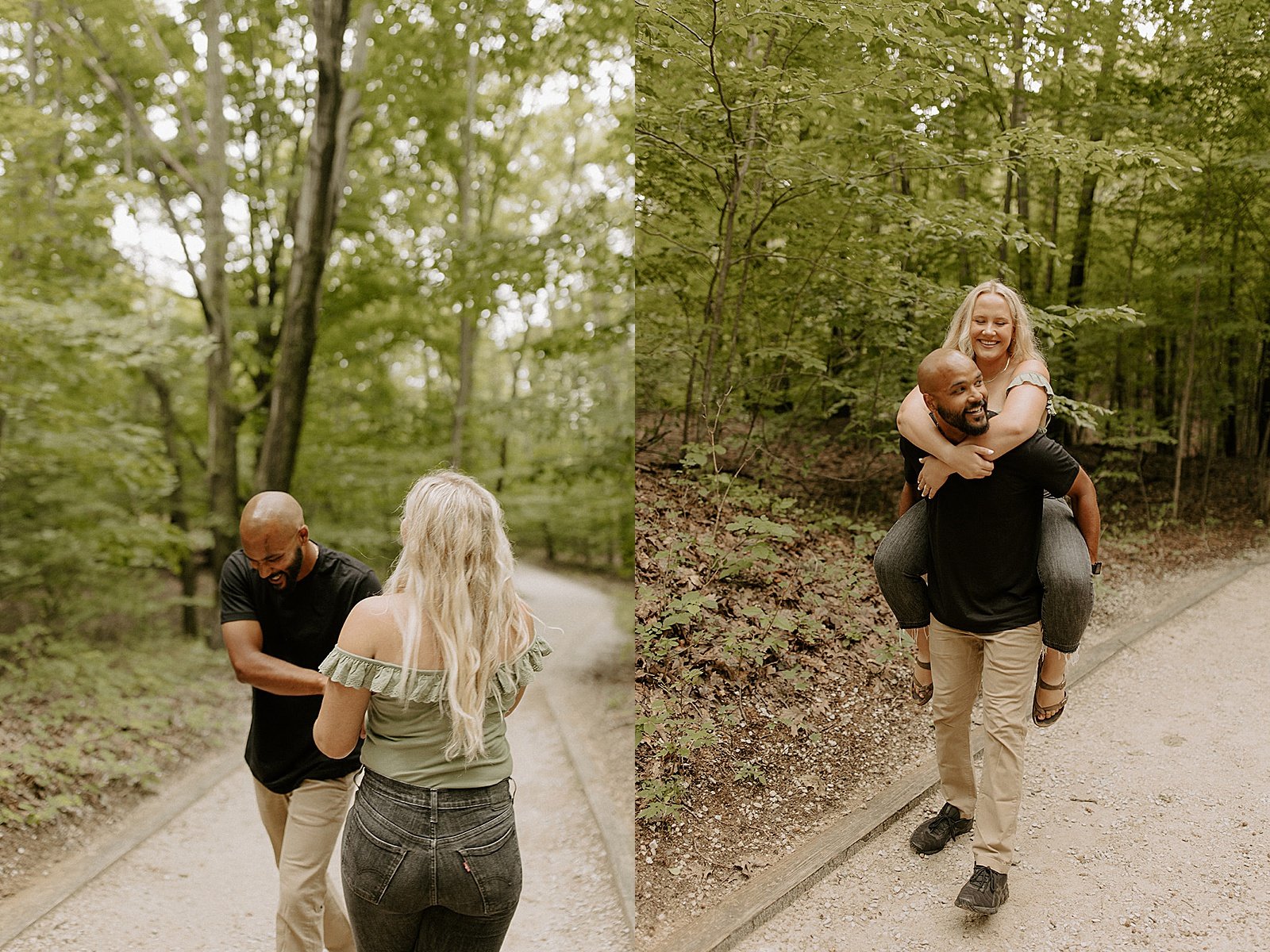 man and woman laughing together in the woods by Michigan wedding photographer  