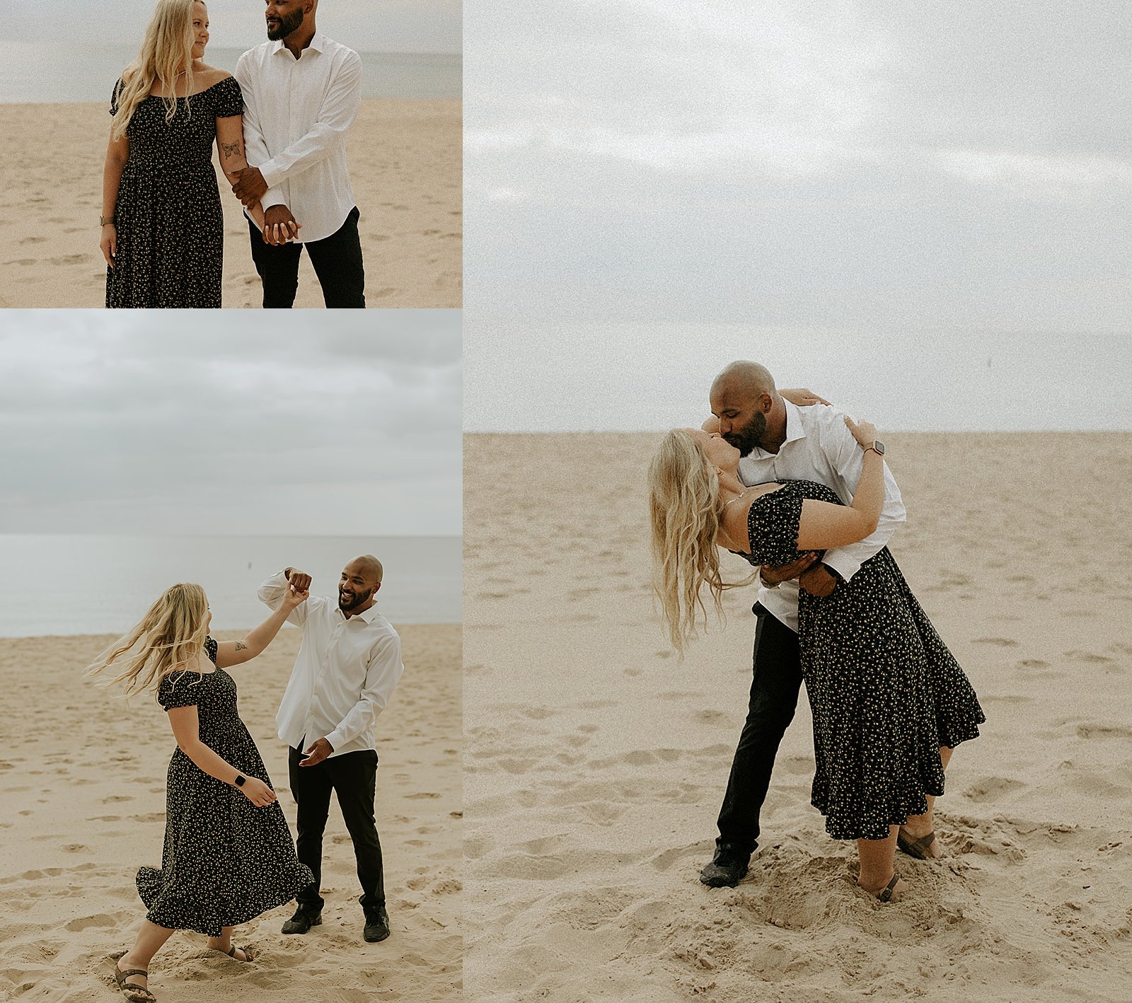  man dipping his fiancé for a kiss by Michigan wedding photographer  