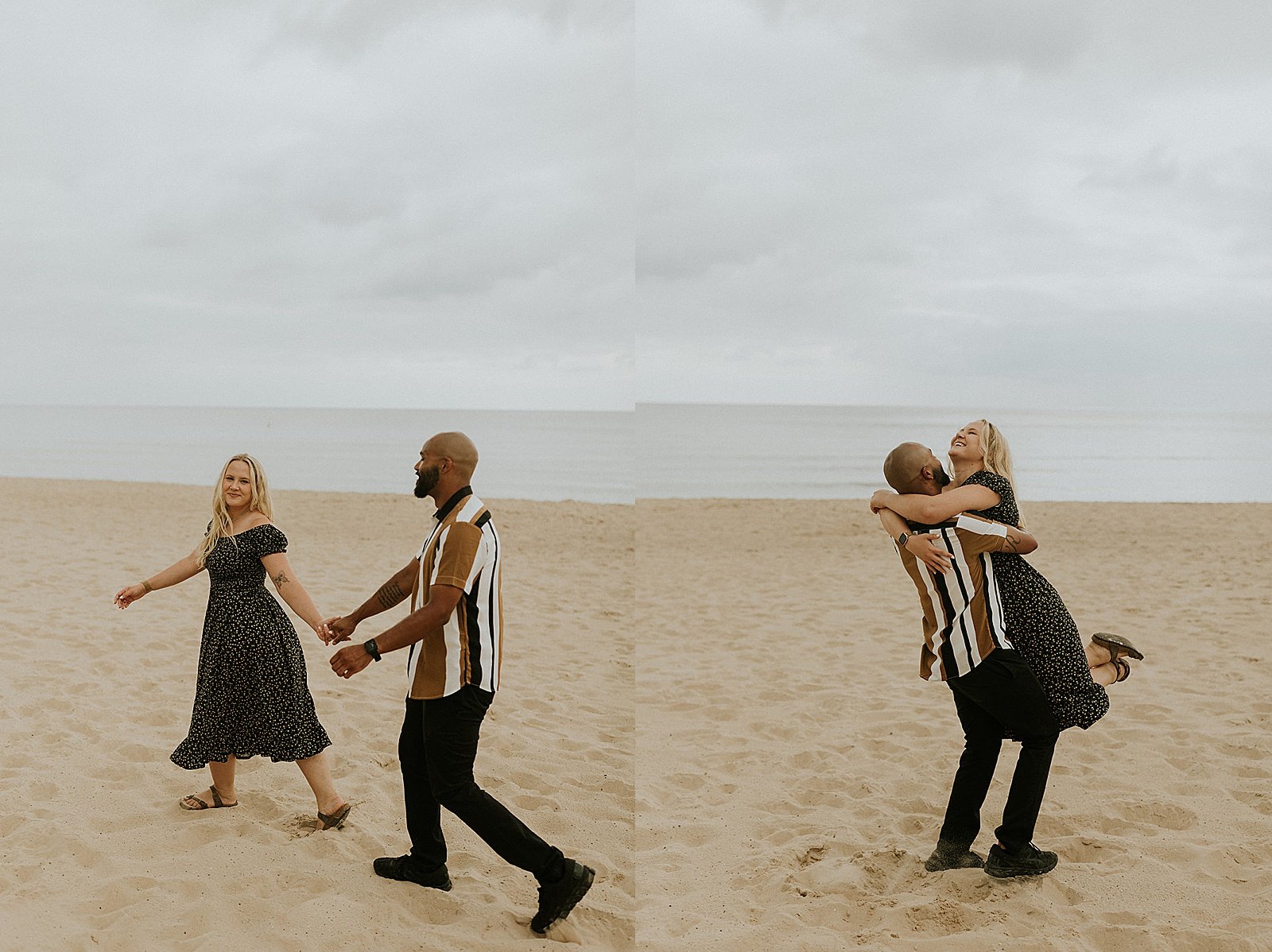  engaged couple walking in the sand by Michigan wedding photographer  