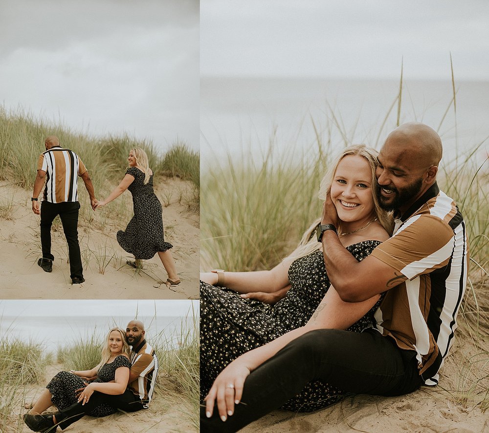 couple sitting in sand grass together by Steph Photo Co 