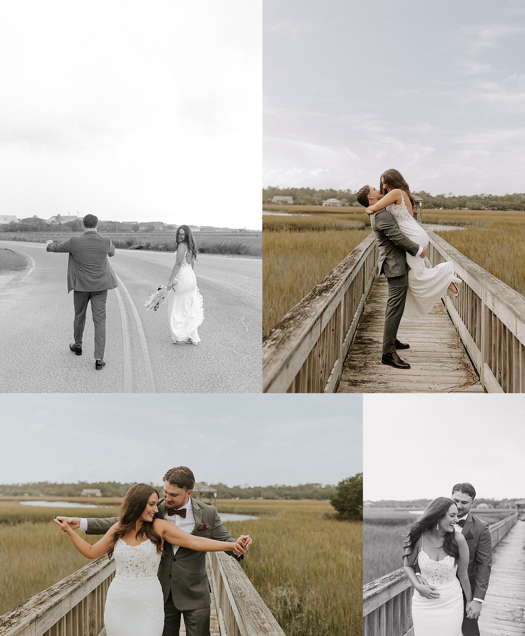  Couple walks boardwalk near coast for Michigan Wedding Photographer 