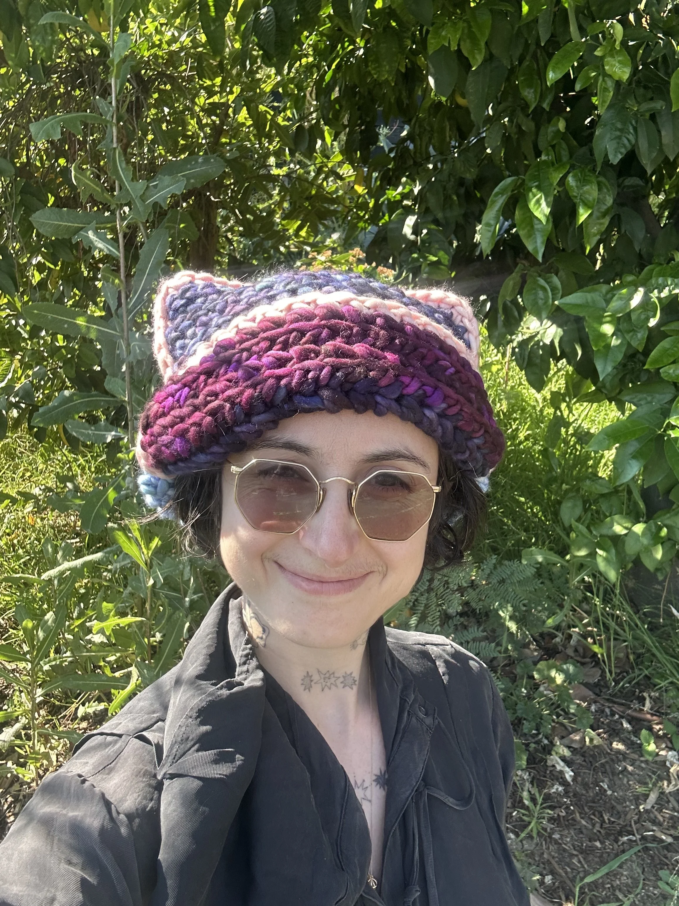 Cozy squishy hat in blues and pinks