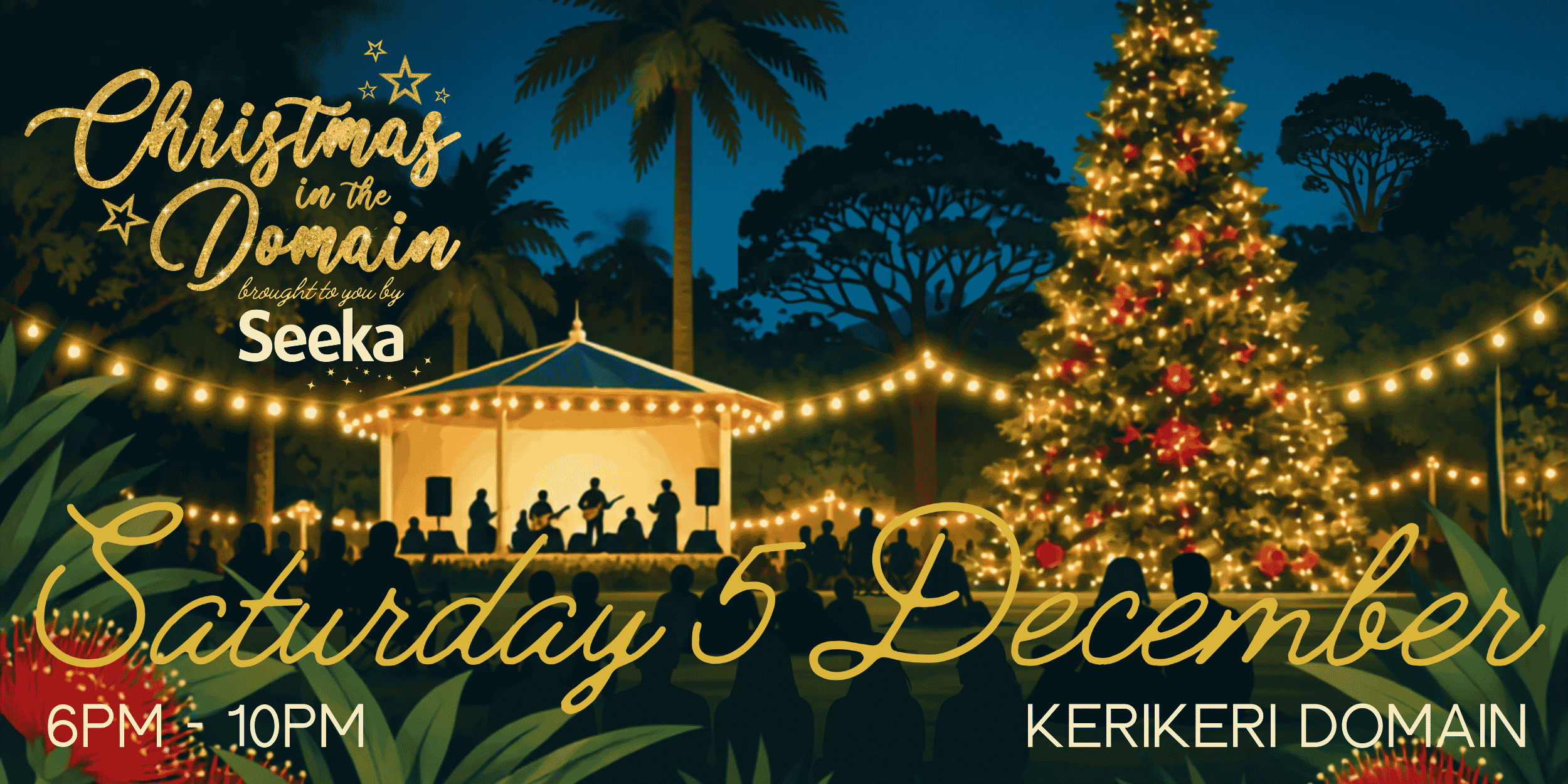 A band playing outside under the stars beside a Xmas tree