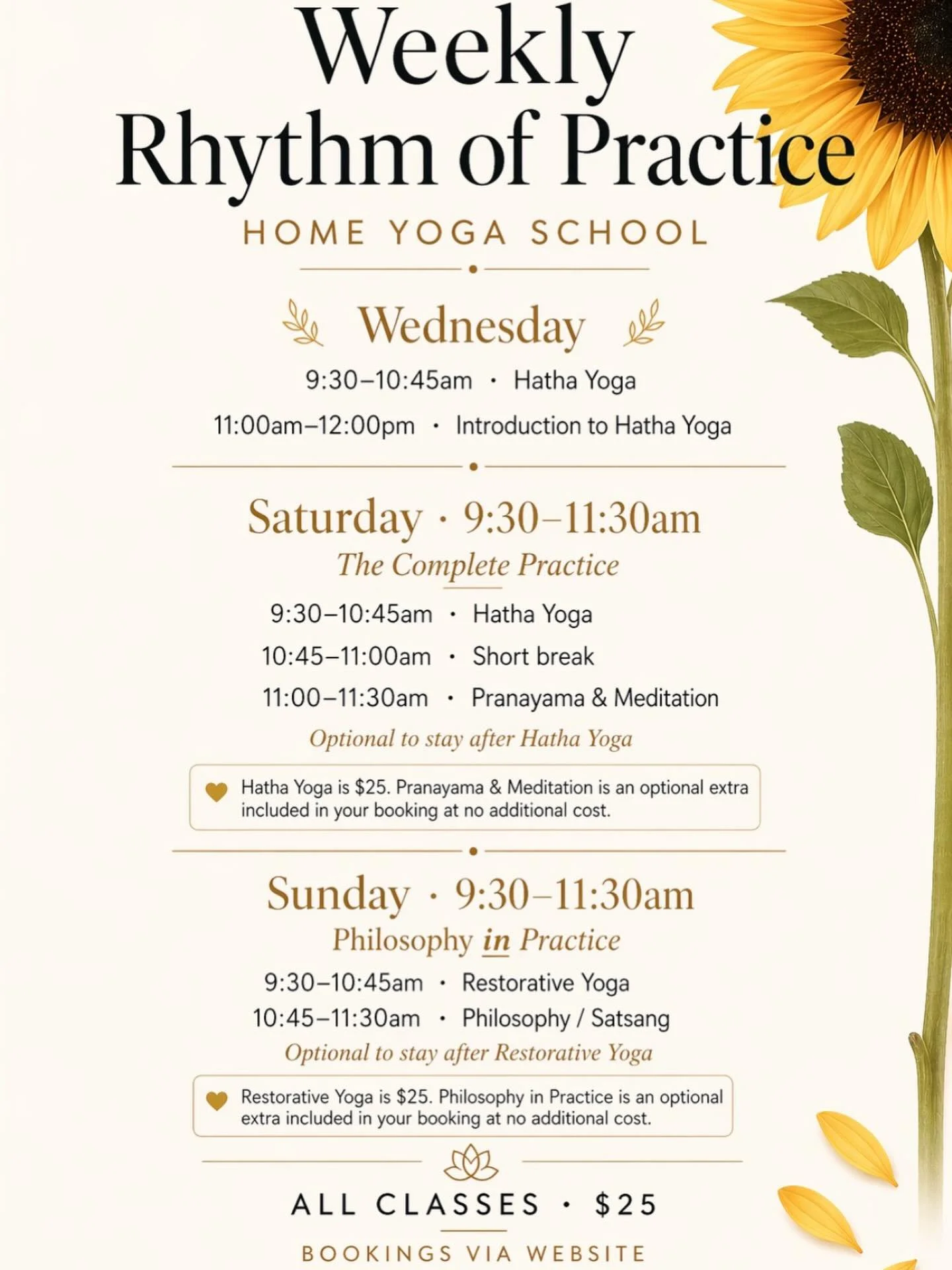 Updated weekly rhythm of practice.
A clearer, more spacious program with the option to stay for pranayama, meditation, and philosophy.

#yoga #homeyoga #meditation #hatha #vedic