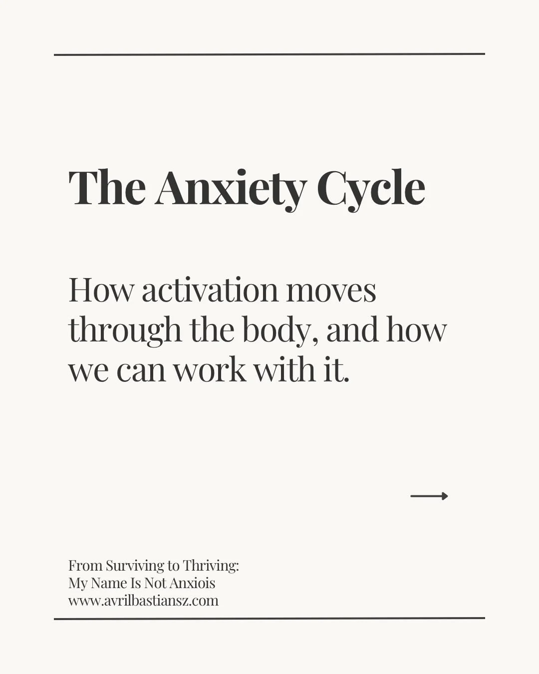 The Anxiety Cycle.

This is part of the process we explore in From Surviving to Thriving: My Name Is Not Anxious.

Across 8 weeks, we learn how anxiety moves through the body, breath, nervous system, thoughts and behaviour &mdash; and how to begin wo