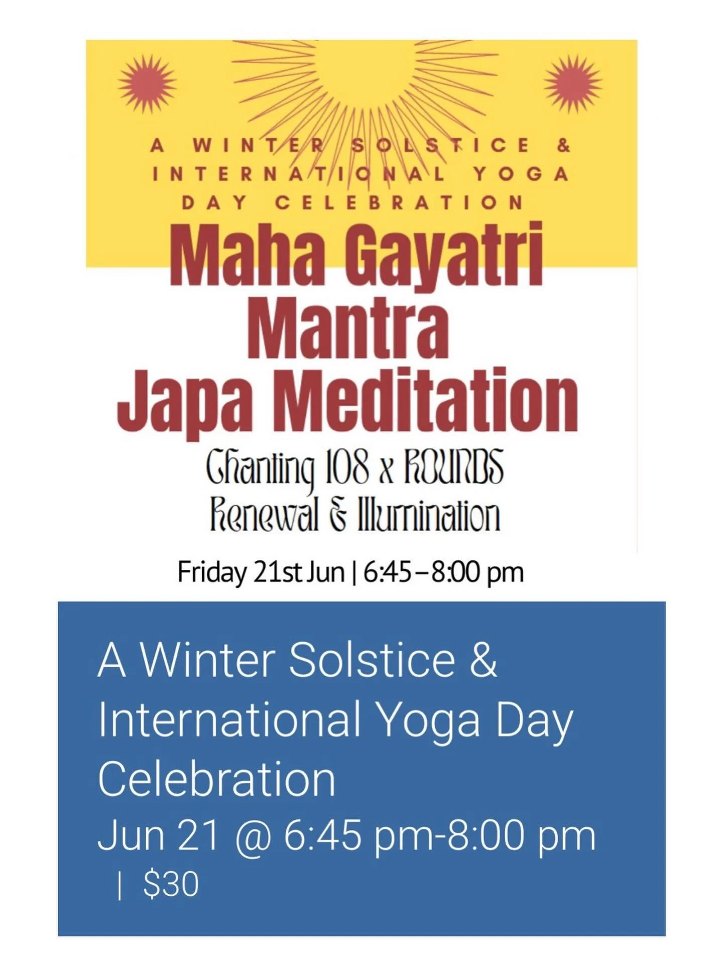 Annual Ritual @kundalinihouse in celebration of International Yoga Day &amp; The Winter Solstice. 

Join me on this special occasion for a Japa meditation chanting the Maha Gayatri Mamtra together 108 times. 

Check Kundalini House website/events for