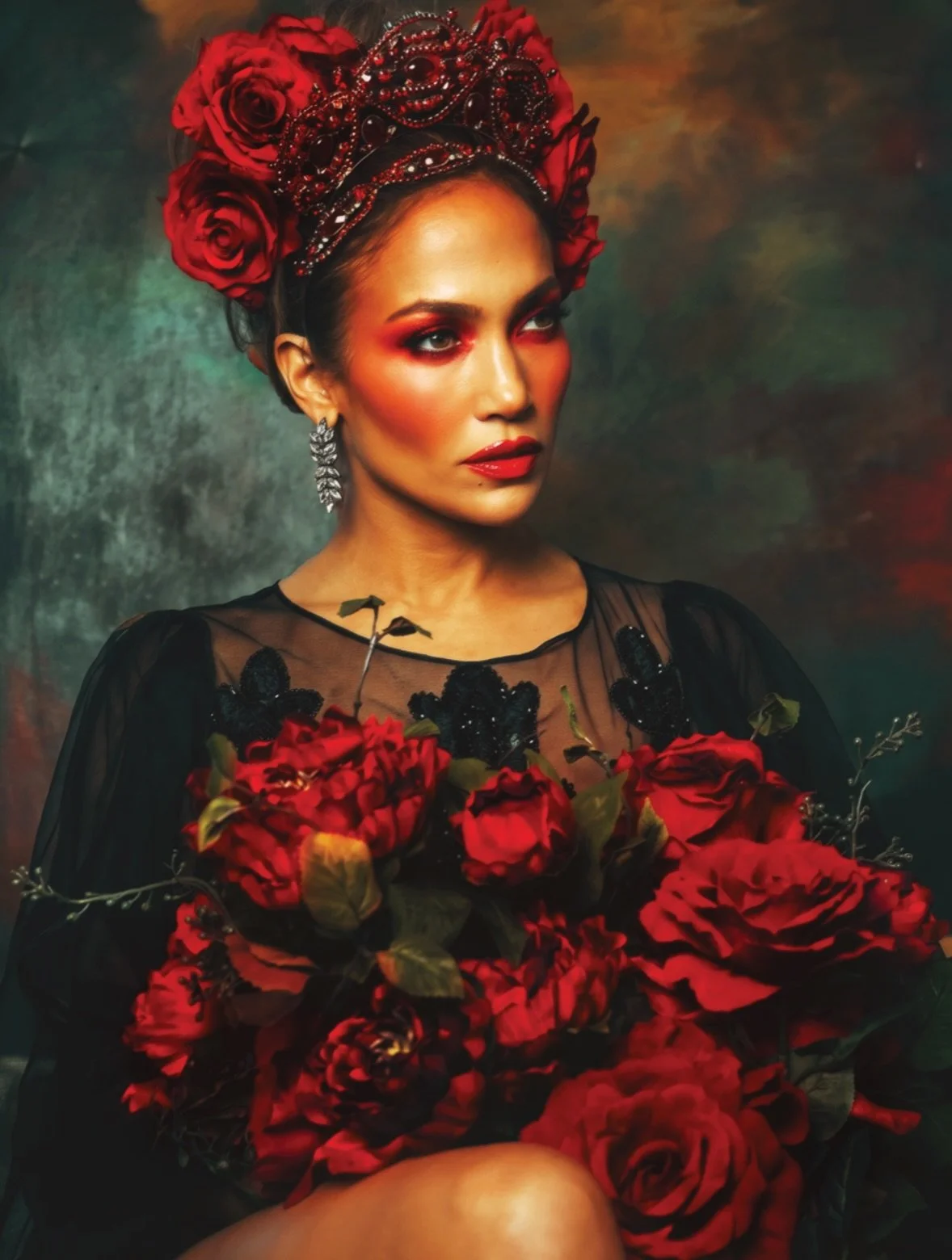 Jennifer Lopez in a red rose crown holding red roses, Latina cover shoot, by celebrity photographer Steven Gomillion
