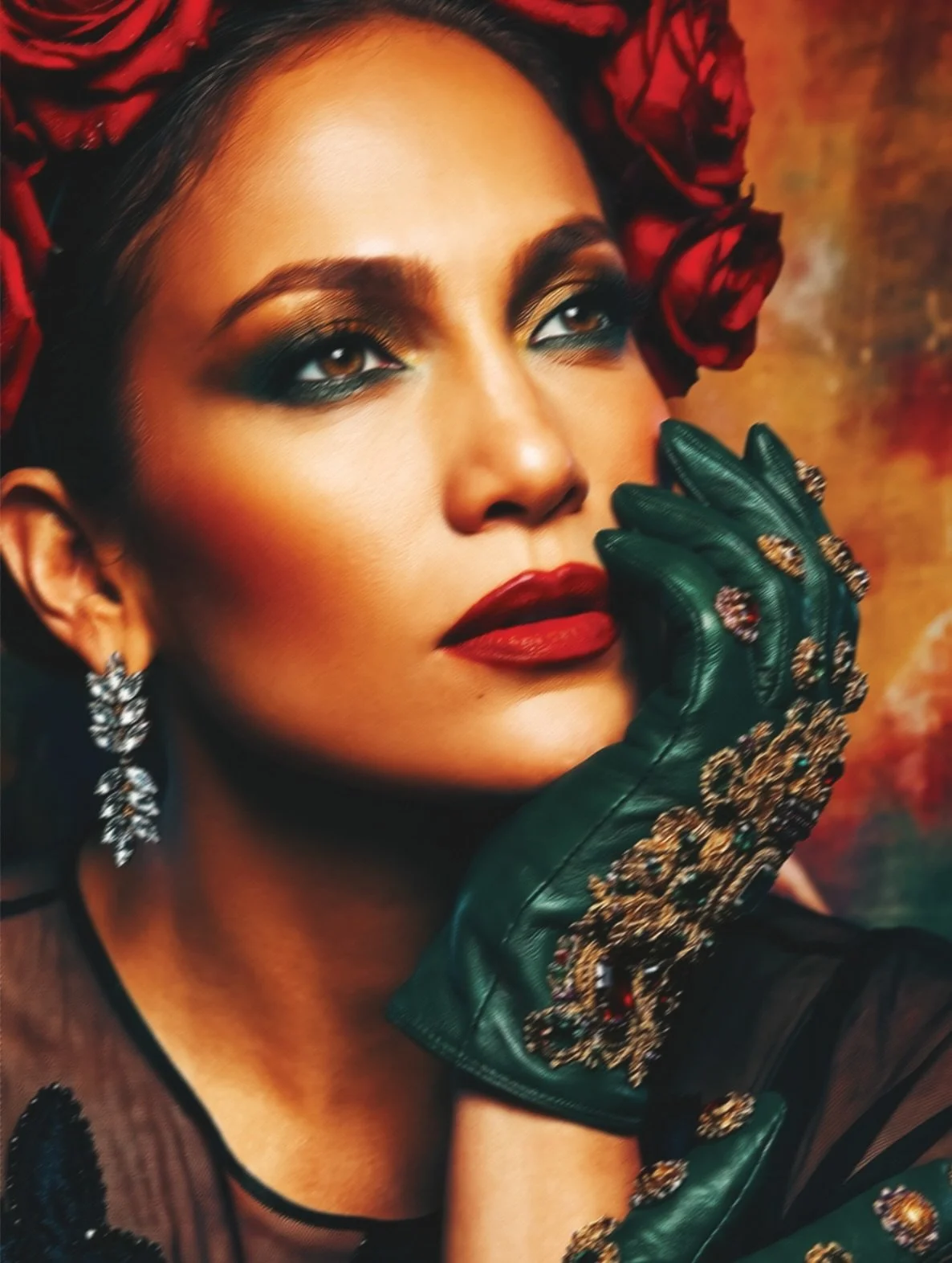 Jennifer Lopez close-up with a jeweled green glove at her cheek and red roses in her hair, by celebrity photographer Steven Gomillion