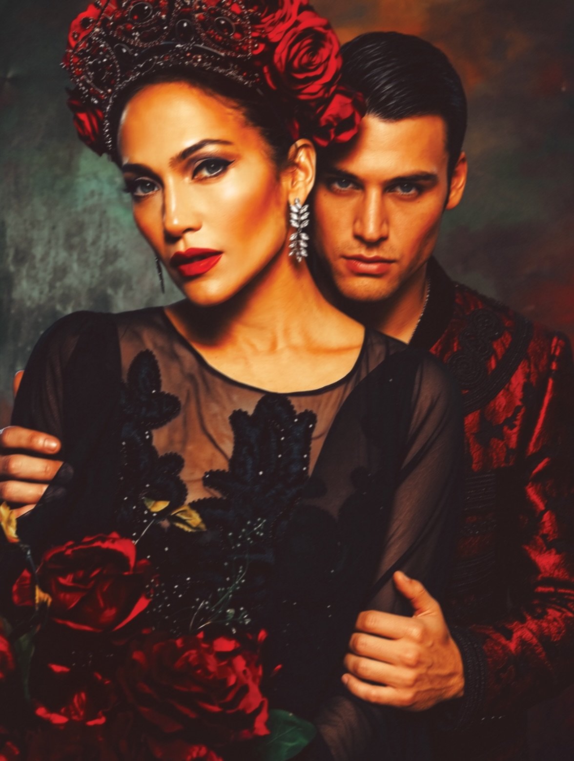Jennifer Lopez in a red rose crown with Ryan Guzman behind her for The Boy Next Door, by celebrity photographer Steven Gomillion