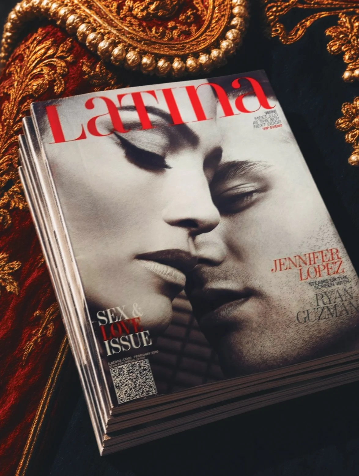 Jennifer Lopez and Ryan Guzman on a stack of Latina Sex & Love Issue covers, by celebrity photographer Steven Gomillion