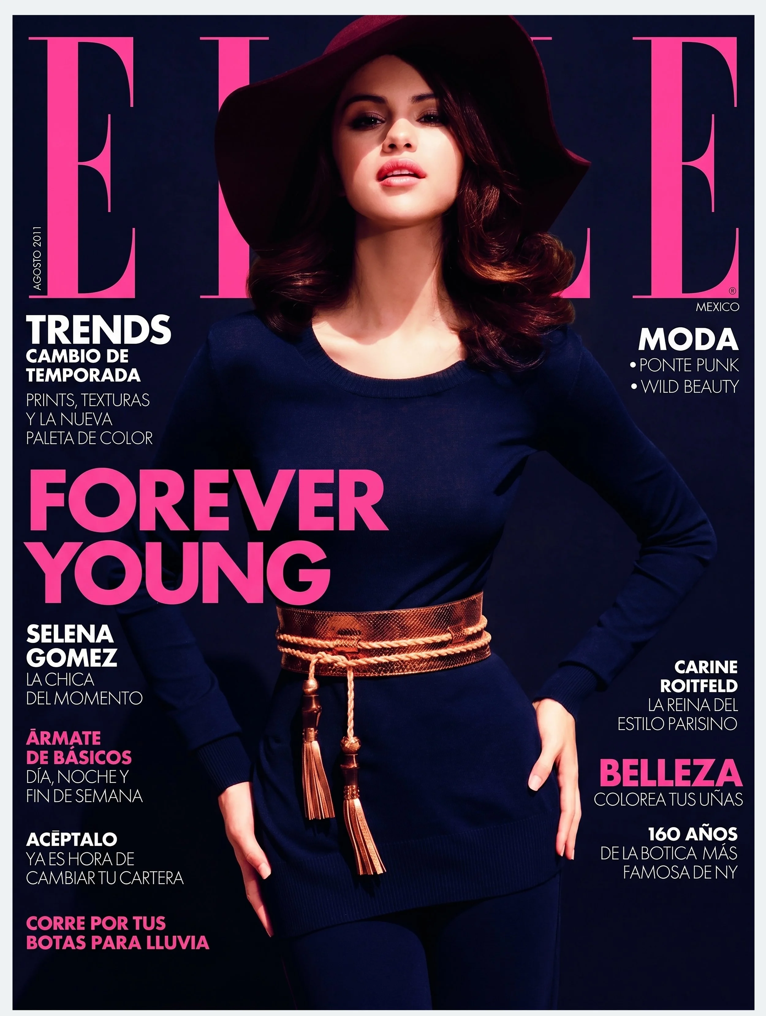 Selena Gomez in a wide-brim hat on the Forever Young cover of Elle México by celebrity photographer Steven Gomillion