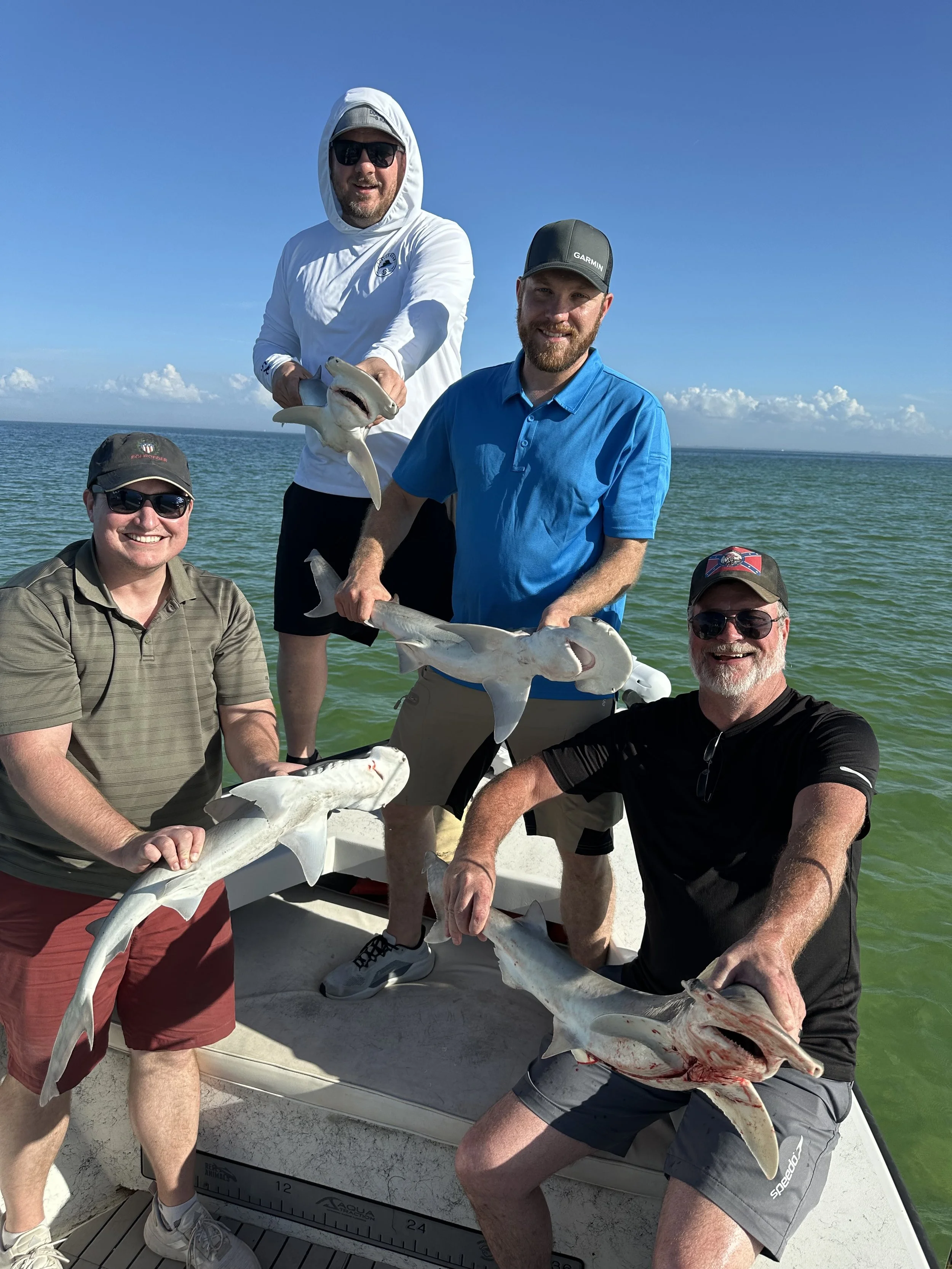 four happy guys holding sharks