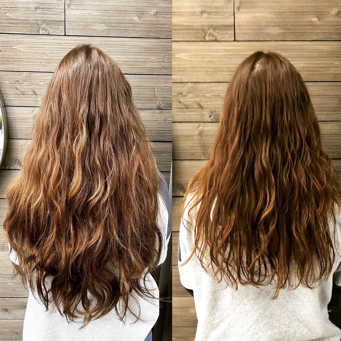 Before on RIGHT. After on LEFT! Extensions add length and volume in only a couple hours! #bellamihairextensions #bellamihair #volumeweftextensions #scottsdalehairstylist #weddinghairprepping #thickhair #longhair