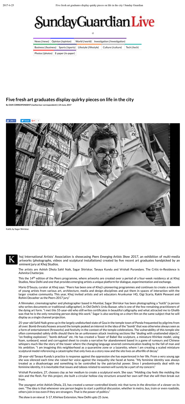 Khoj Residency Programme - Tearsheet - Article about the Group Show Exhibition - Sunday Guardian.jpg