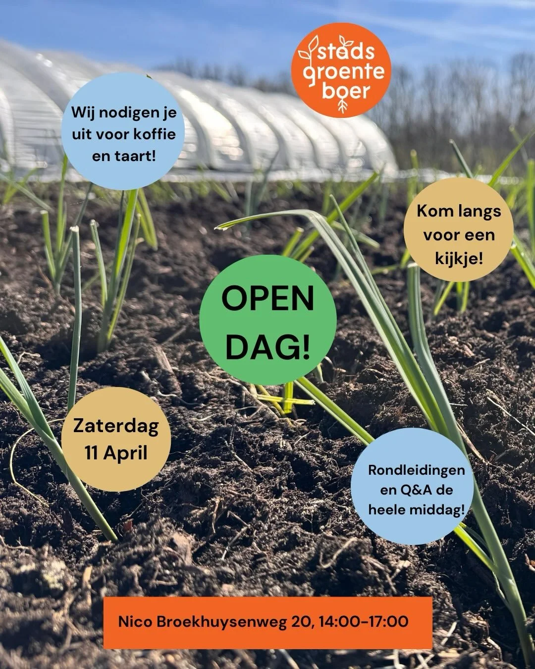 OPEN DAG bij De Stadsgroenteboer!

Ben je benieuwd waar jouw groenten vandaan komen?
Of wil je gewoon eens rondkijken op de boerderij?

Kom langs op zaterdag 11 april tussen 14:00&ndash;17:00!

☕ Koffie &amp; taart staan klaar
🌿 Rondleidingen en Q&a