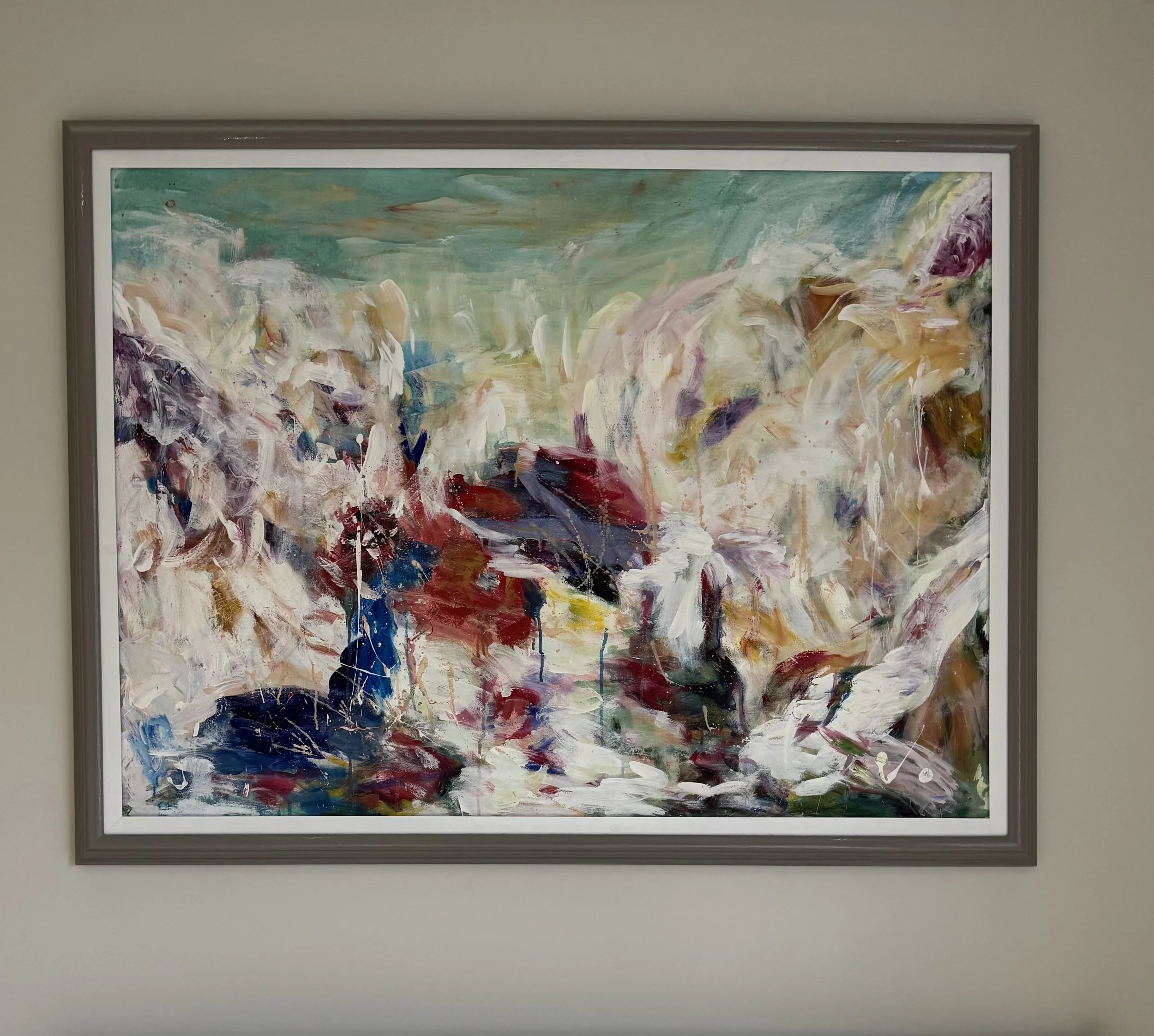 Abstract painting by Fereshteh Stoecklein in a guest bedroom in Central London