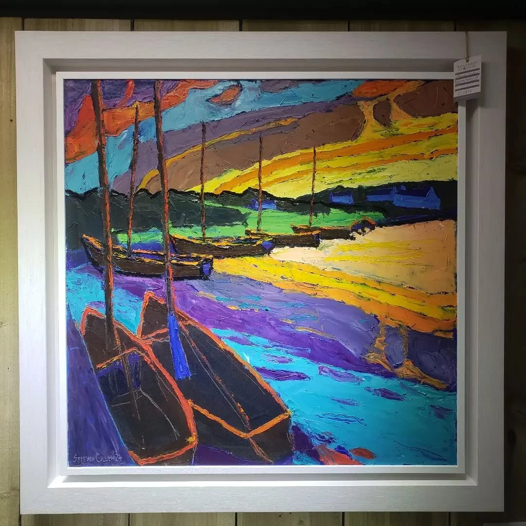 Galway Hookers at Harbour, Sunset - one of my newer pieces currently for sale at @killarney.art.gallery 

#artistsoninstagram #irishartist #galway #boatpainting #galwayhooker #abstractart #oiloncanvas #impastopainting #vividcolors #irishcoast #oilpai