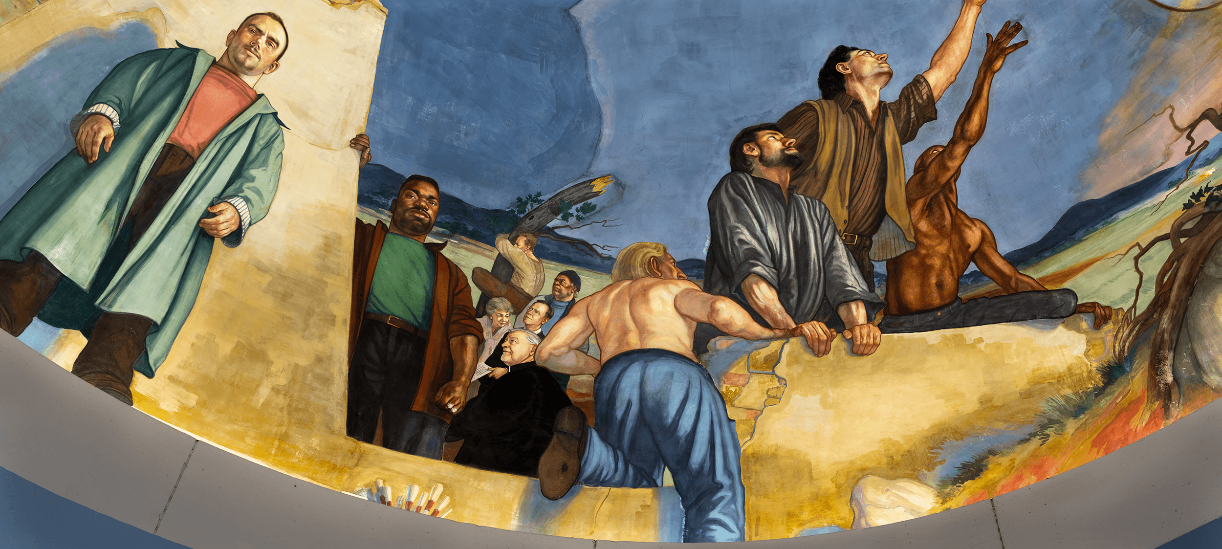 Ben Long in his fresco seems to describe life’s ups and downs, successes and failures, good luck and misfortune as a continuous cycle of disintegration and rebirth. The group on the right appears to reach out to a rope tied to a tree connecting them to rebirth.