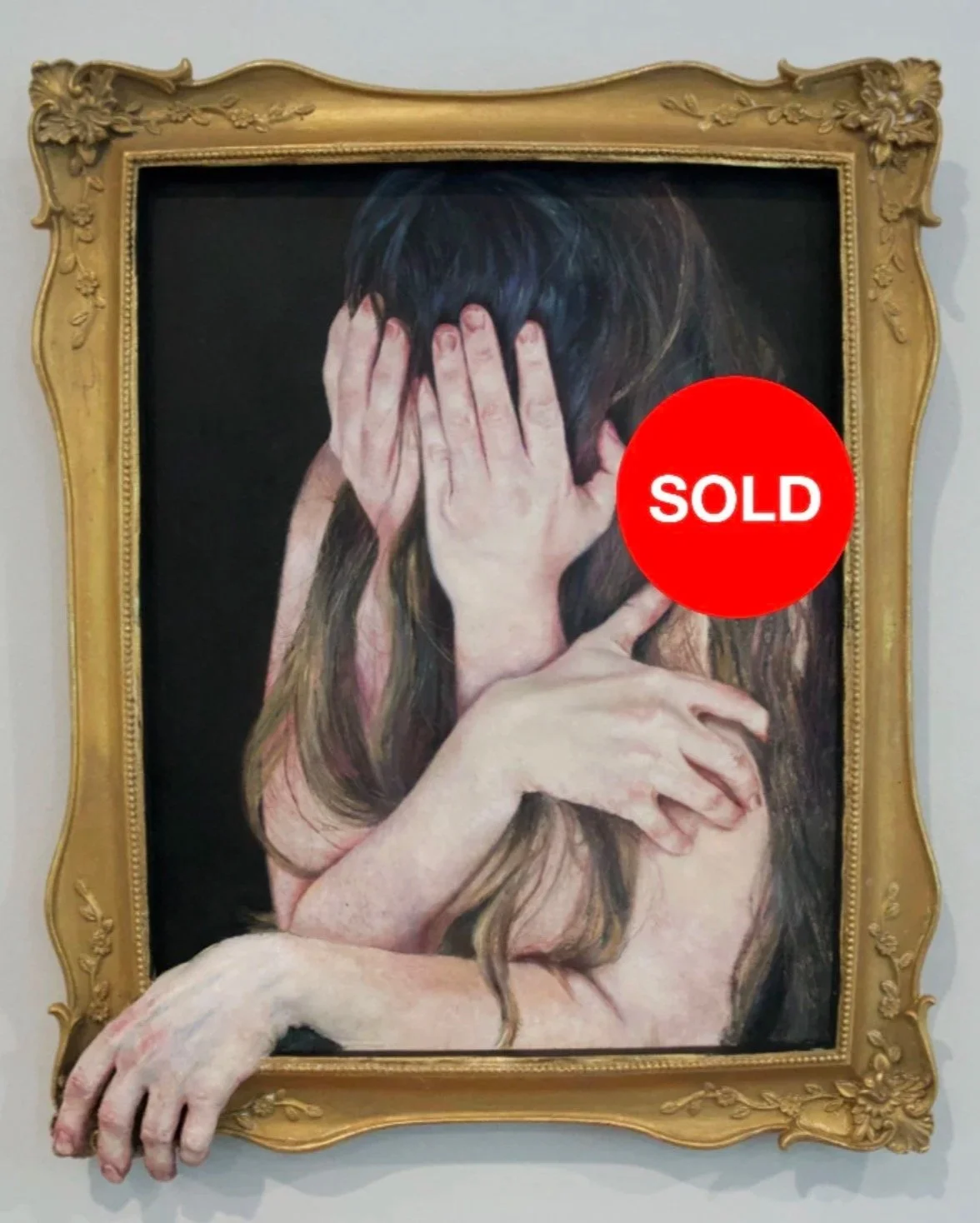 Peekaboo 17 × 13 inches oil and apoxie sculpt on panel $5,500