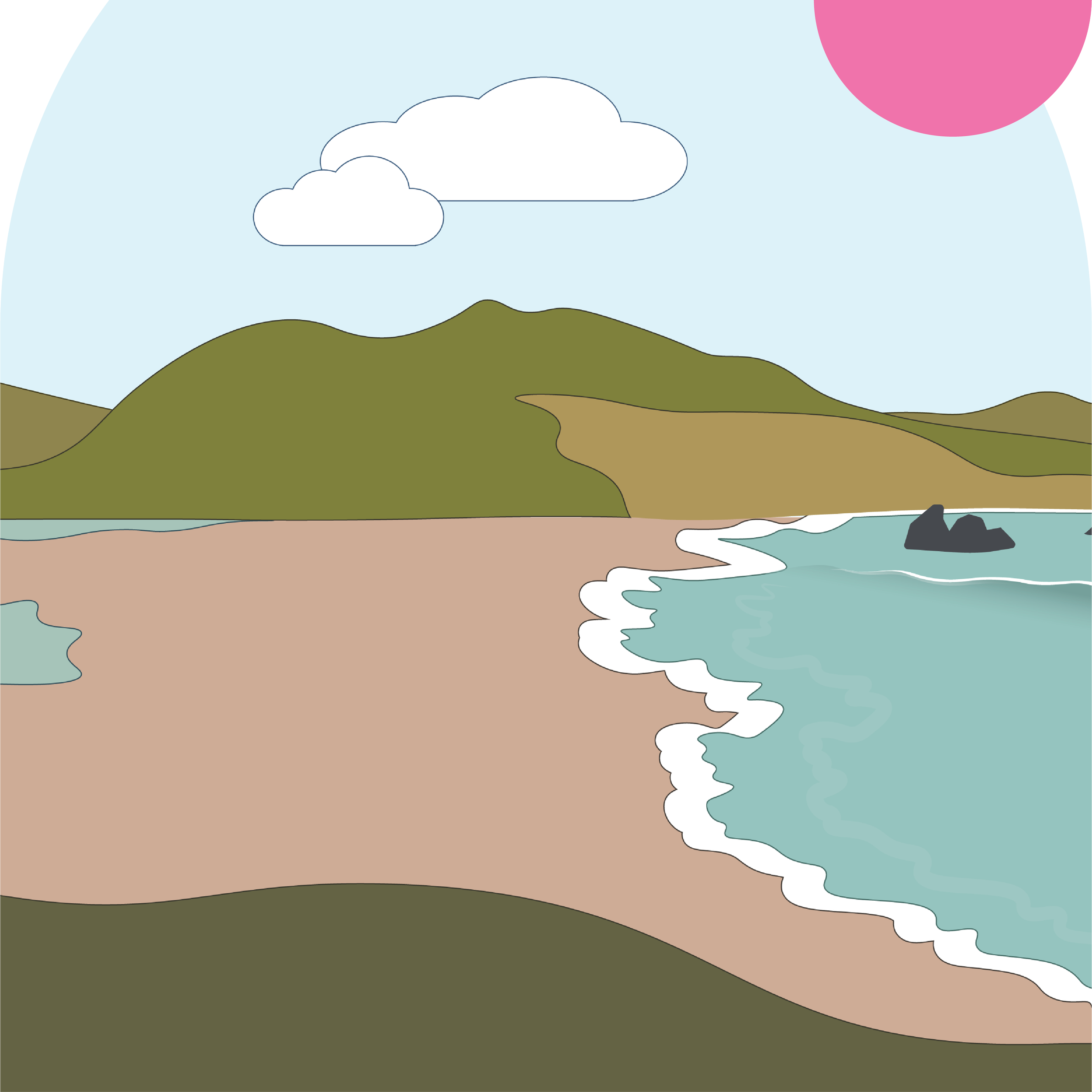 A digital illustration of a landscape with rolling hills, a winding path, a cloud in the sky, and a pink sun or moon.