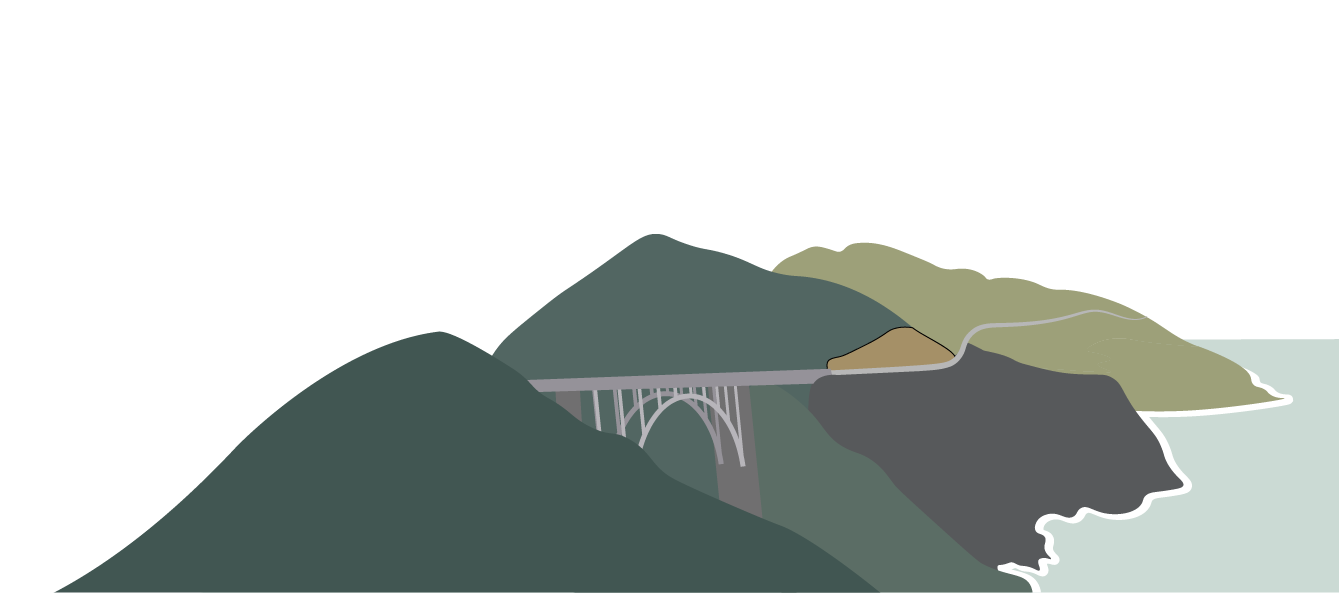 Illustration of a mountain range with a bridge connecting two mountains over a body of water.