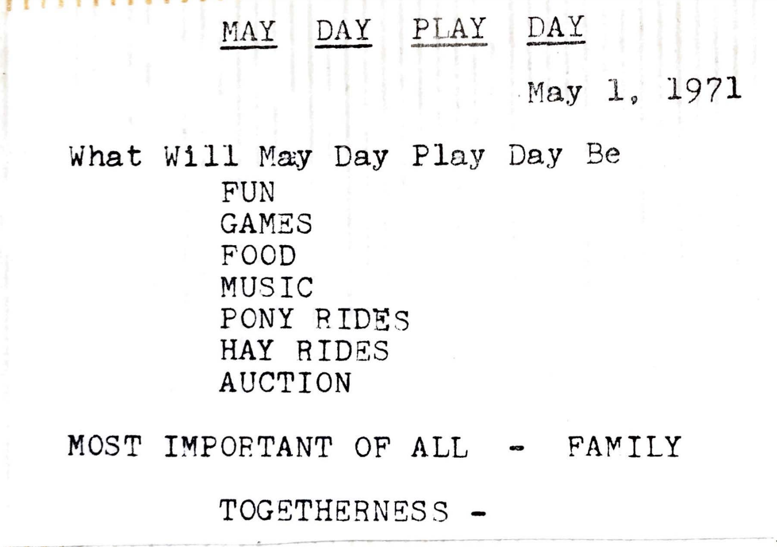 Description of the first May Day Play Day