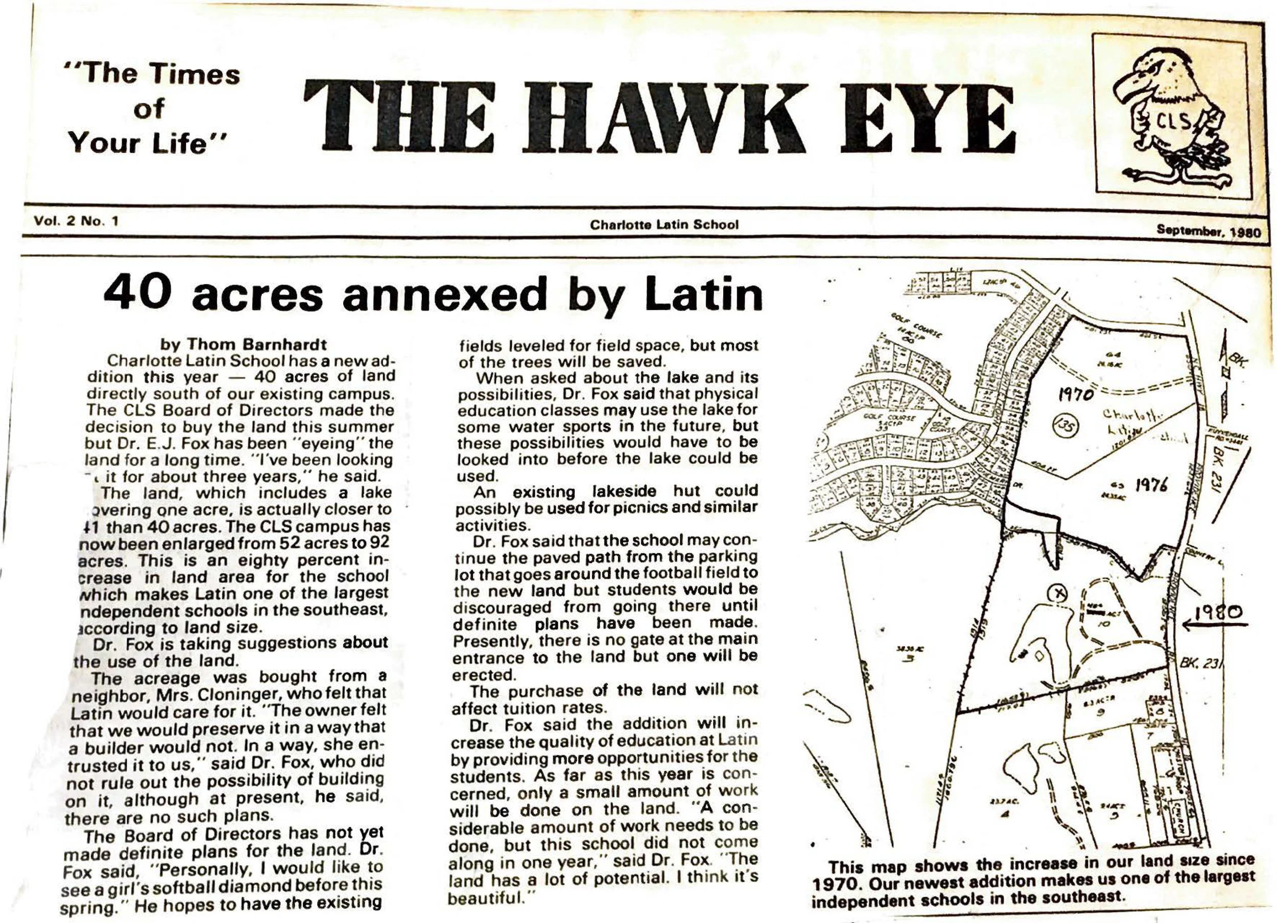 September, 1980, The Hawk Eye article on the purchase of land