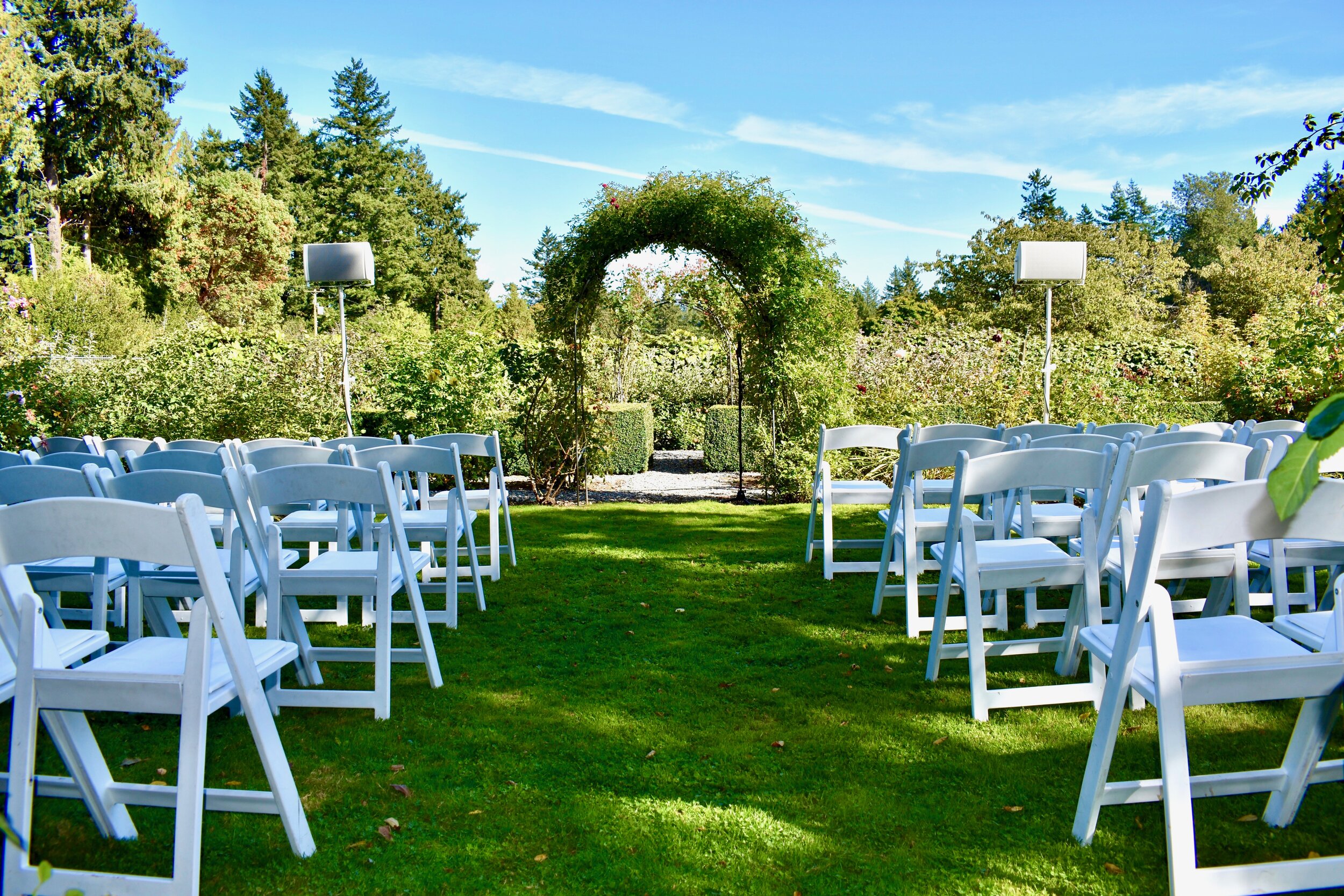 Wedding Ceremony in a rose garden at Starling Lane Vineyard.  Danley Sound Labs GO2-8CX Speakers on White Tripod stands, 2021