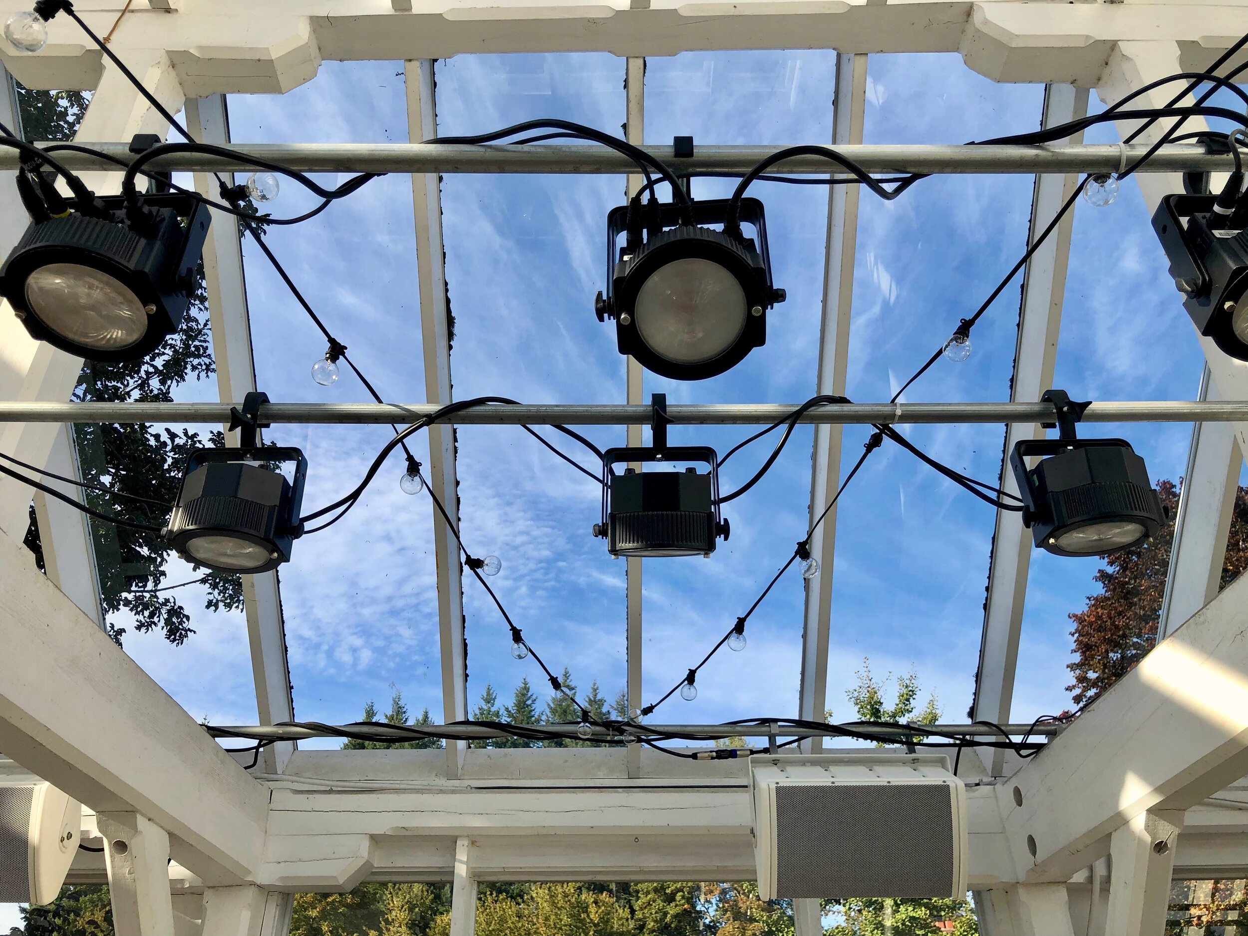 ADJ Dotz Par LED Wash Lights and Danley Sound Labs GO2-8CX Speakers mounted overhead in a greenhouse dance floor at Starling Lane Vineyard, 2021